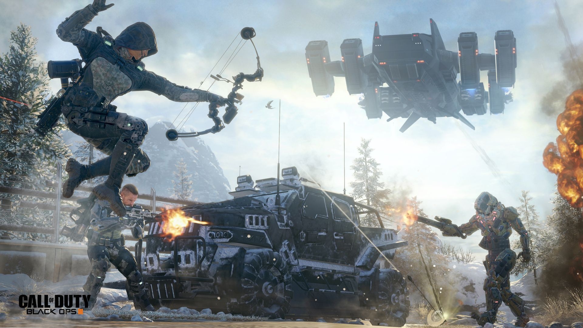 Specialist Outrider with Sparrow bow, Specialist Reaper combat robot, Call of Duty: Black Ops III logo, Futuristic VTOL gunship, Full HD Desktop wallpaper