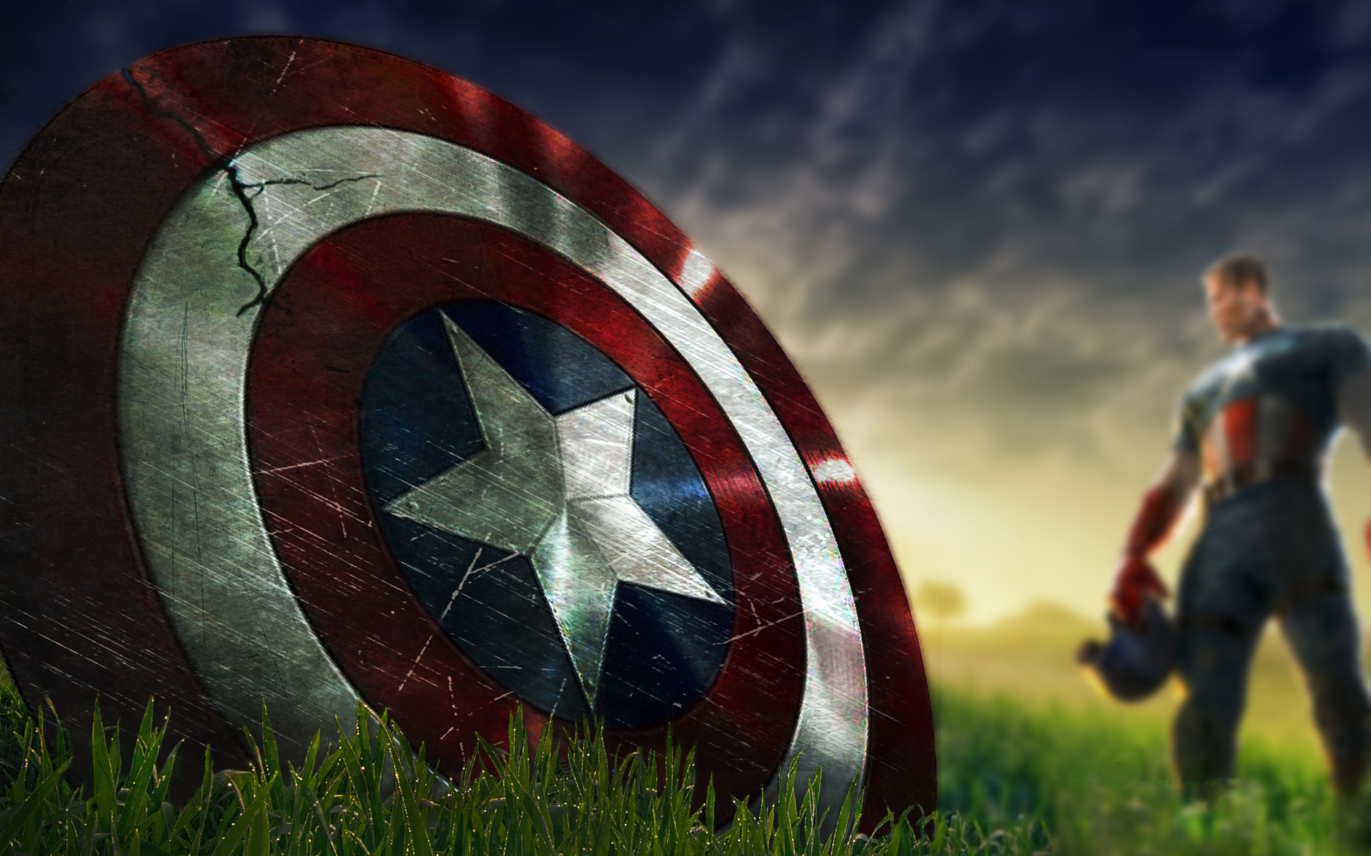Captain America's shield, Steve Rogers, grassy battlefield, HD Desktop wallpaper