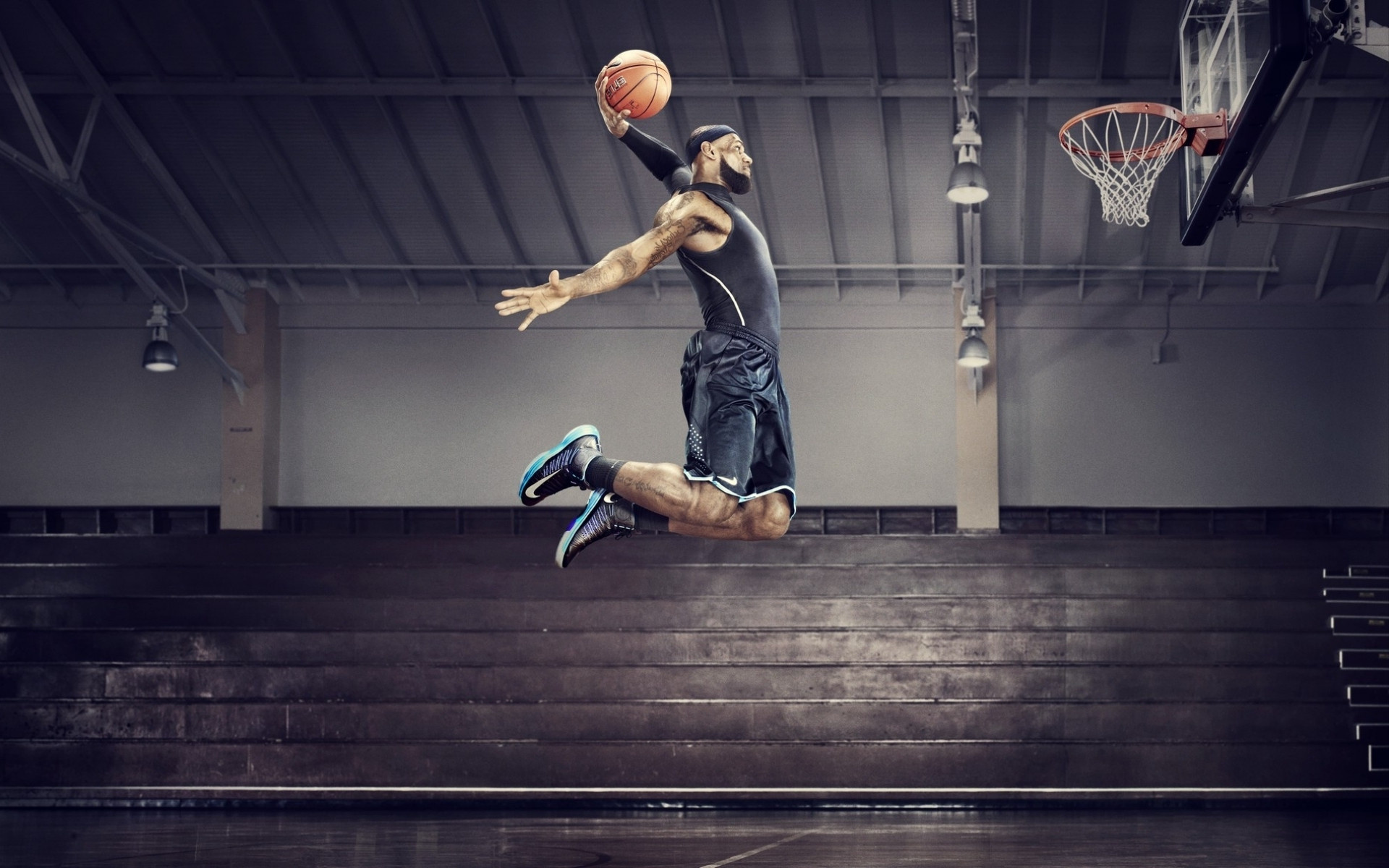 LeBron James, Mid-air slam dunk, Indoor basketball gym bleachers, HD Desktop wallpaper