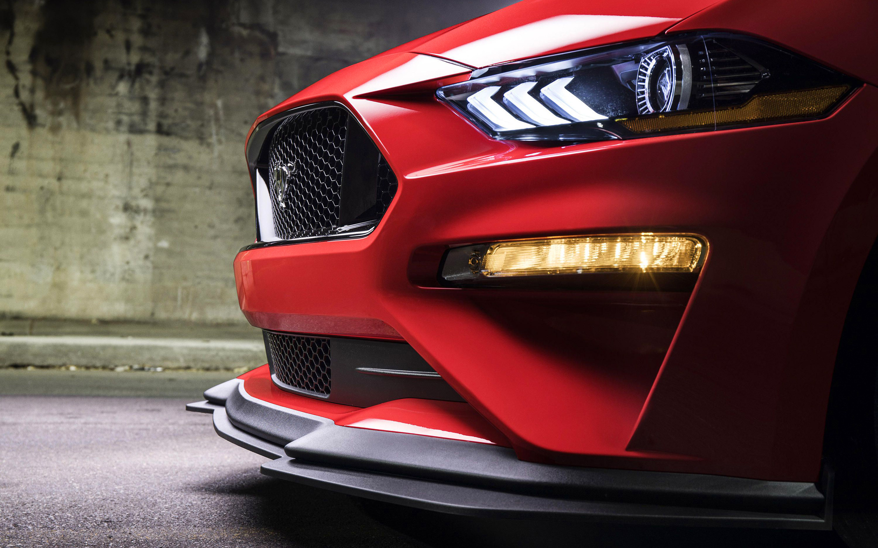 Red Ford Mustang GT, Tri-bar LED headlight, Front splitter spoiler, HD Desktop wallpaper