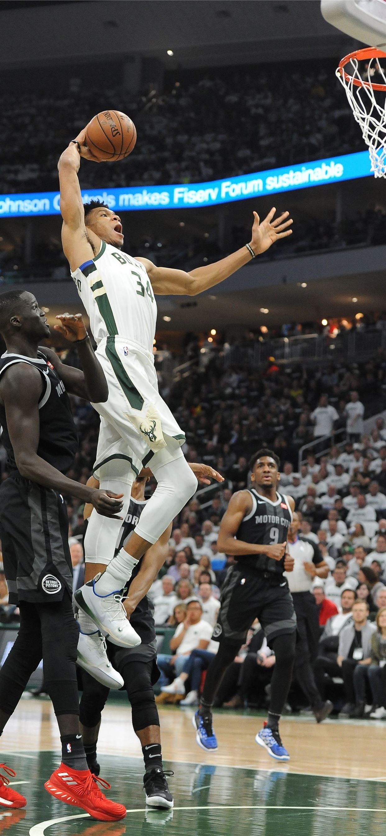 Giannis Antetokounmpo dunk, Milwaukee Bucks jersey, Fiserv Forum arena, HD Phone wallpaper