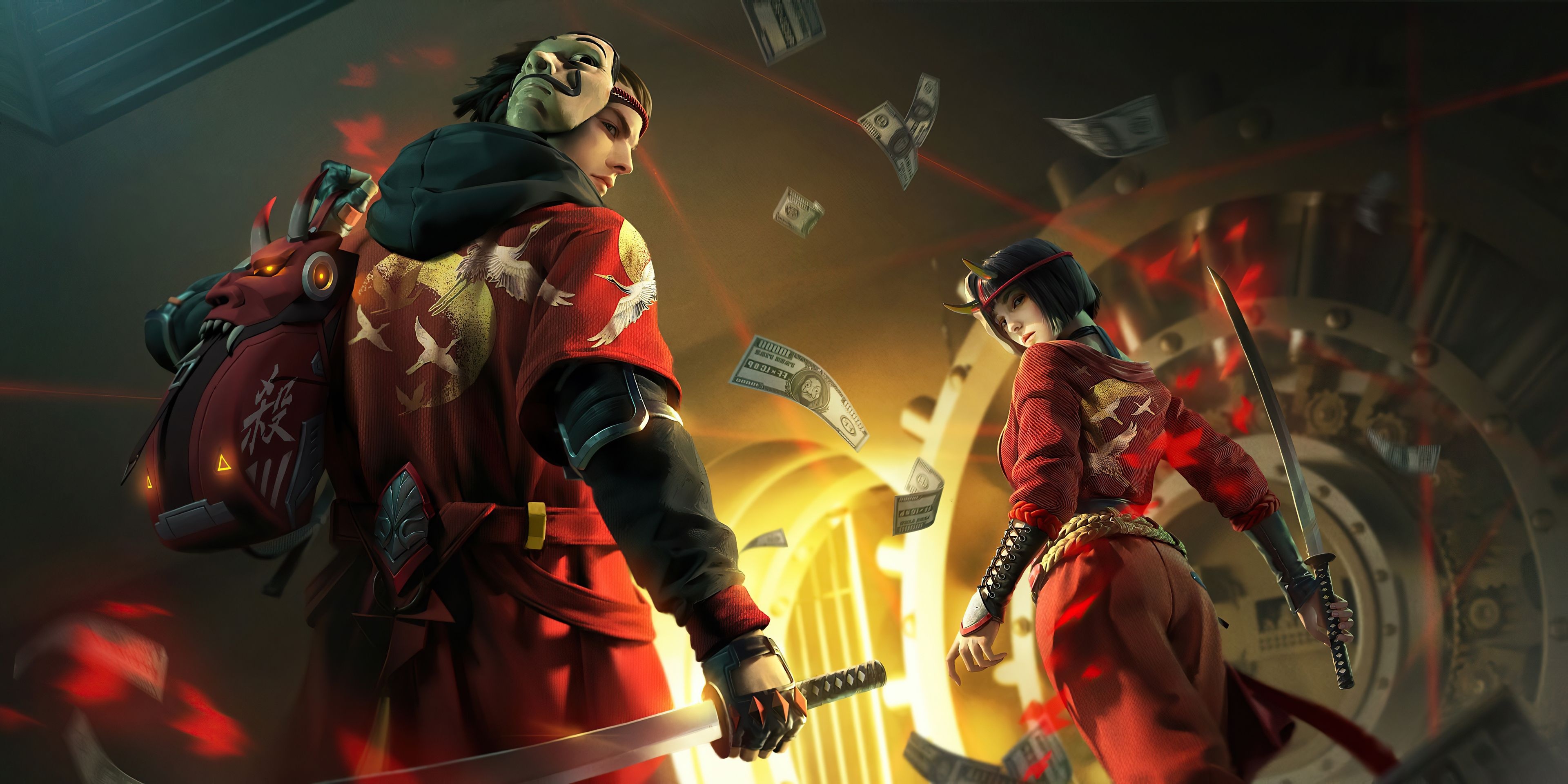 Money Heist x Free Fire, HD wallpapers, Gaming crossover, Characters collaboration, 3840x1920 Dual Screen Desktop