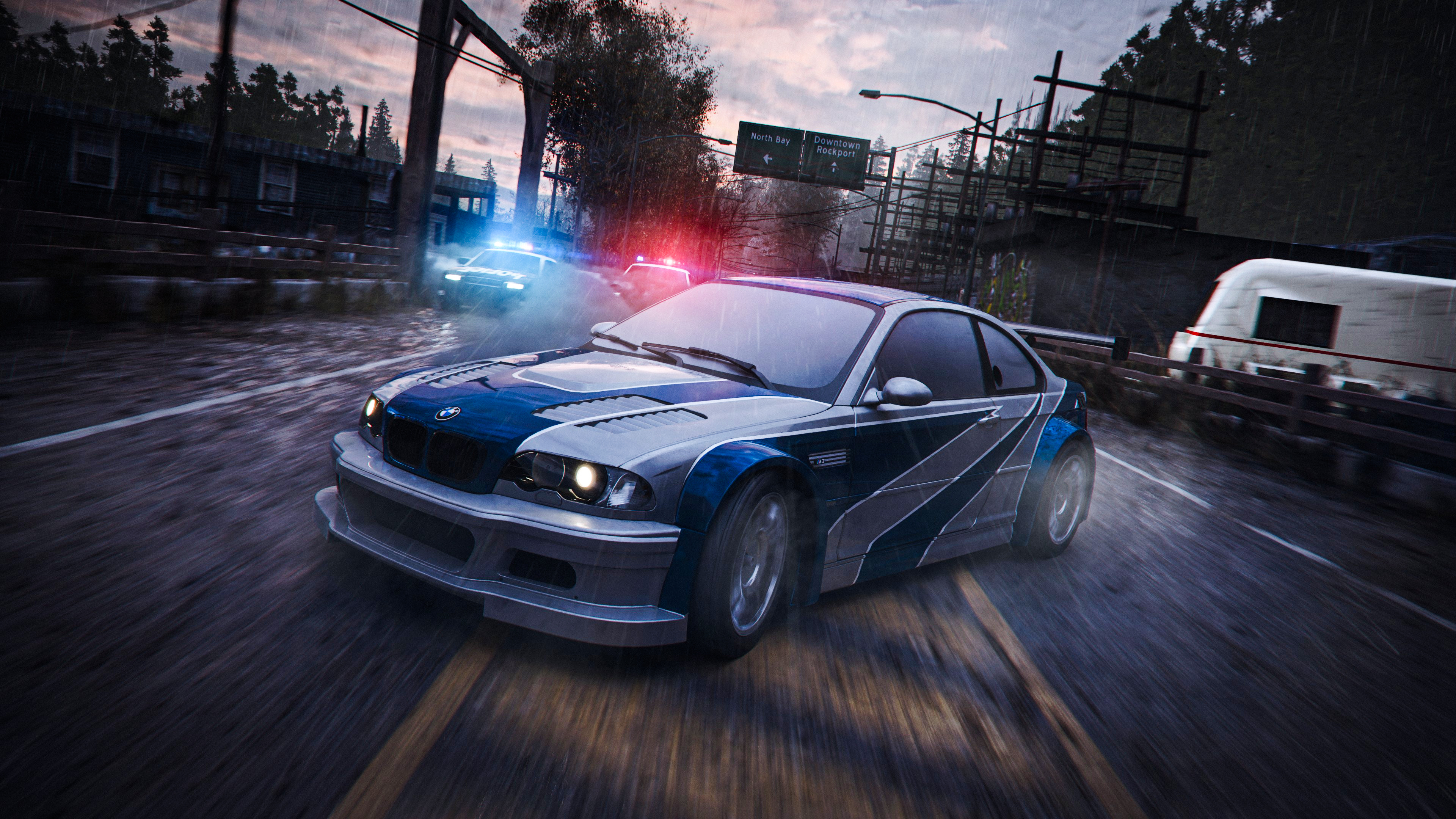 BMW M3 GTR E46, Downtown Rockport road sign, pursuing police cruisers, 4K Desktop wallpaper