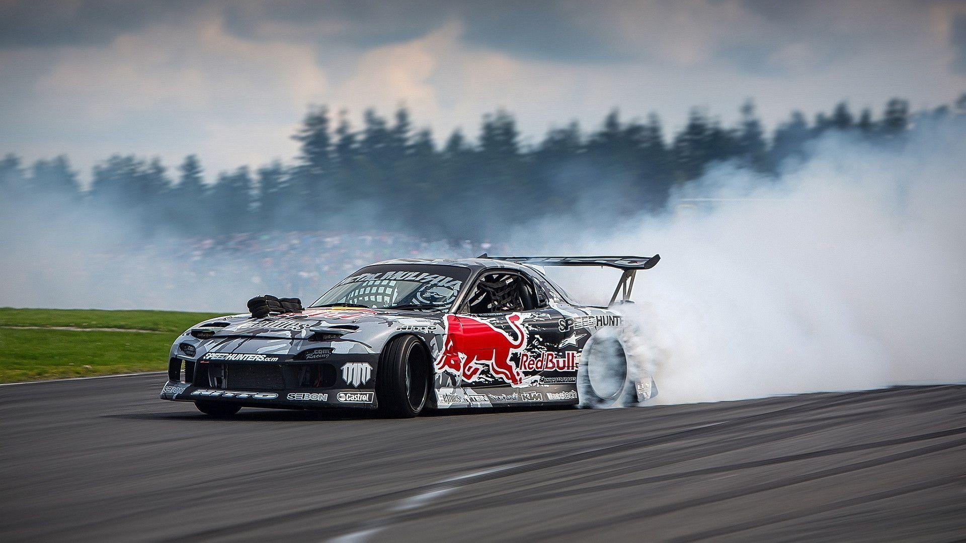Mazda RX-7 drift car, Red Bull livery, drifting tire smoke, Full HD Desktop wallpaper