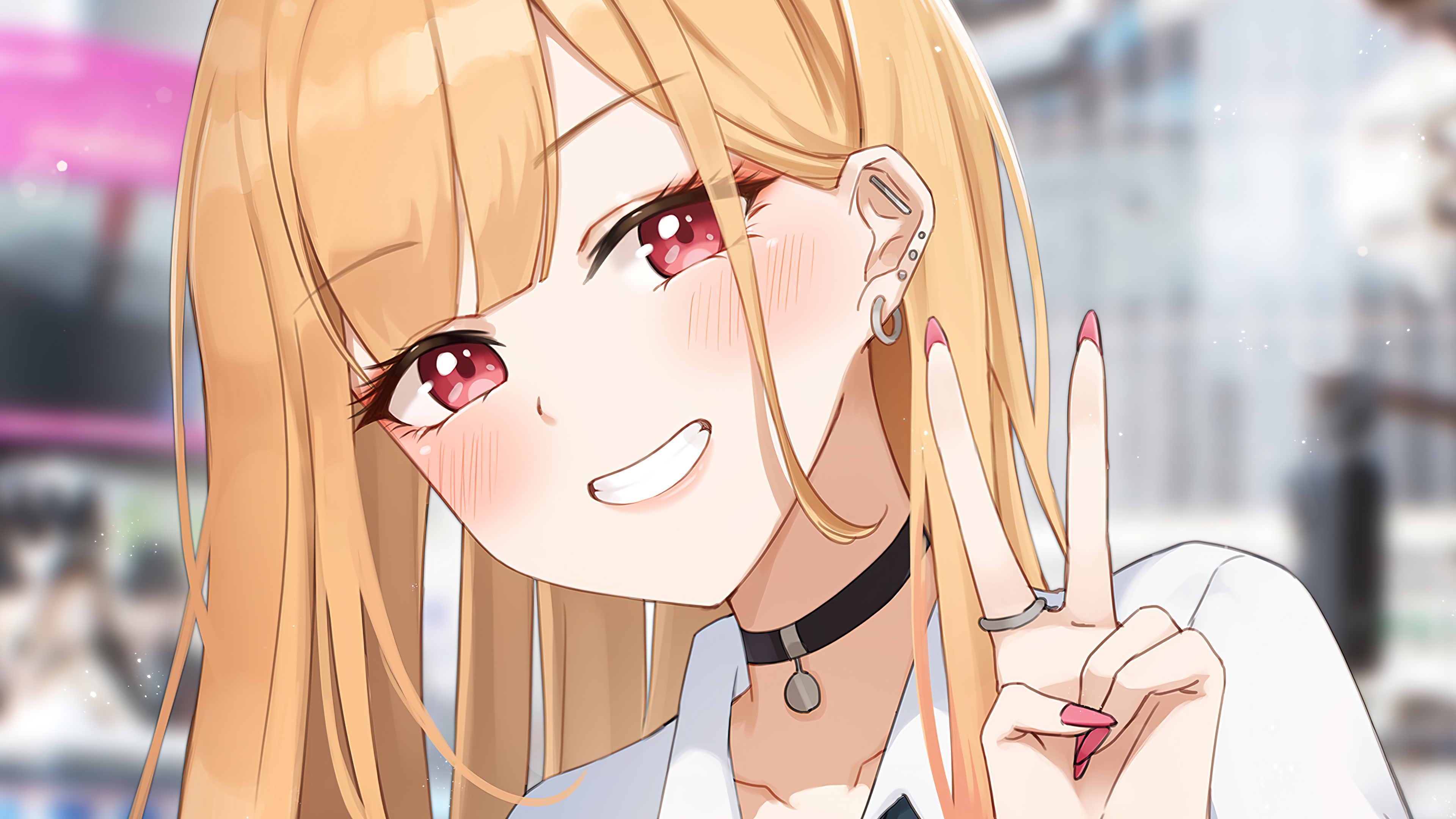 Marin Kitagawa, My Dress-Up Darling, Peace sign and choker, Blurred city street, 4K Desktop wallpaper
