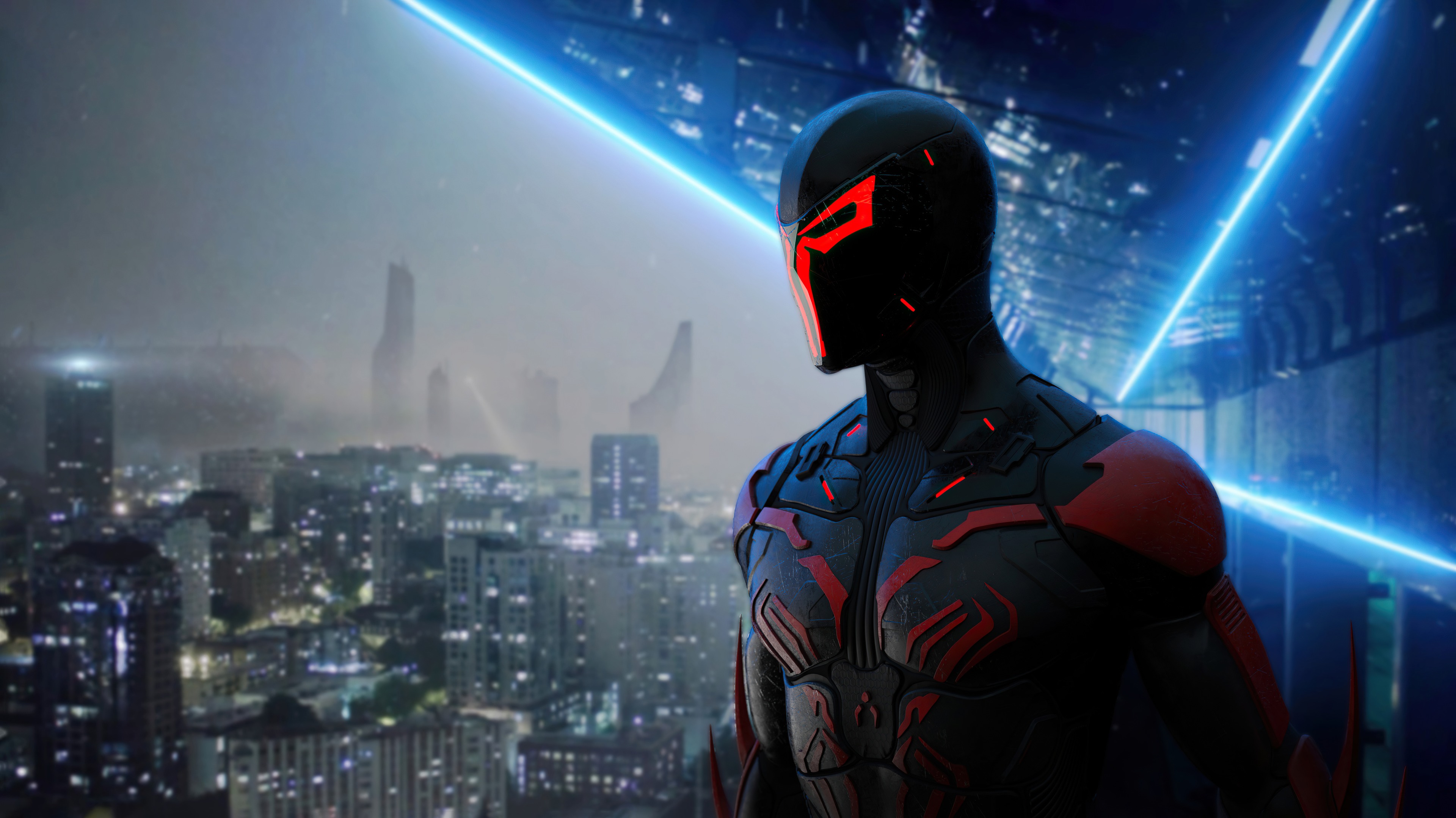Spider-Man 2099 (Miguel O'Hara), Foggy nocturnal cityscape, HD Desktop wallpaper