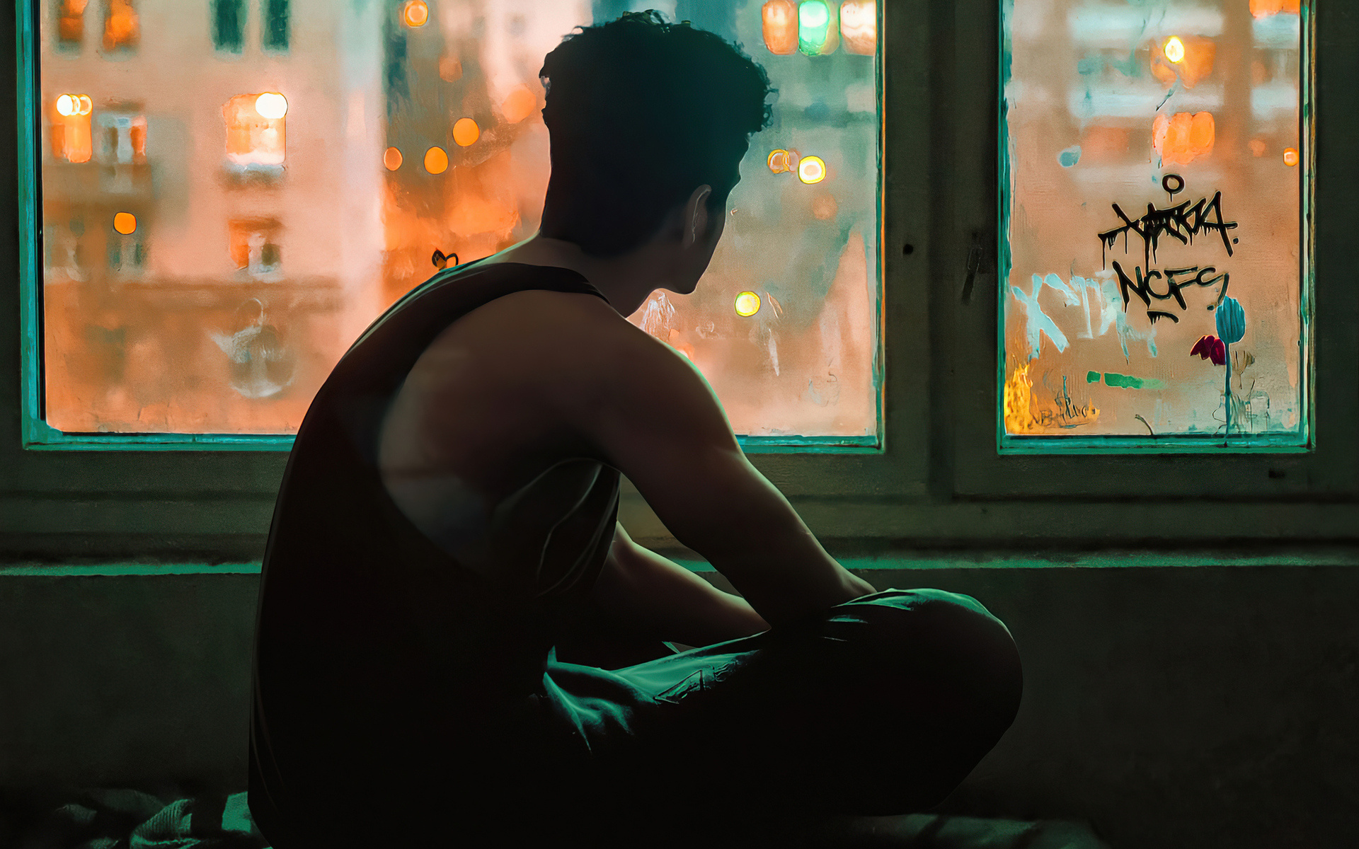 Lonely man at window, Graffiti on window pane, Urban bokeh streetlights, HD Desktop wallpaper