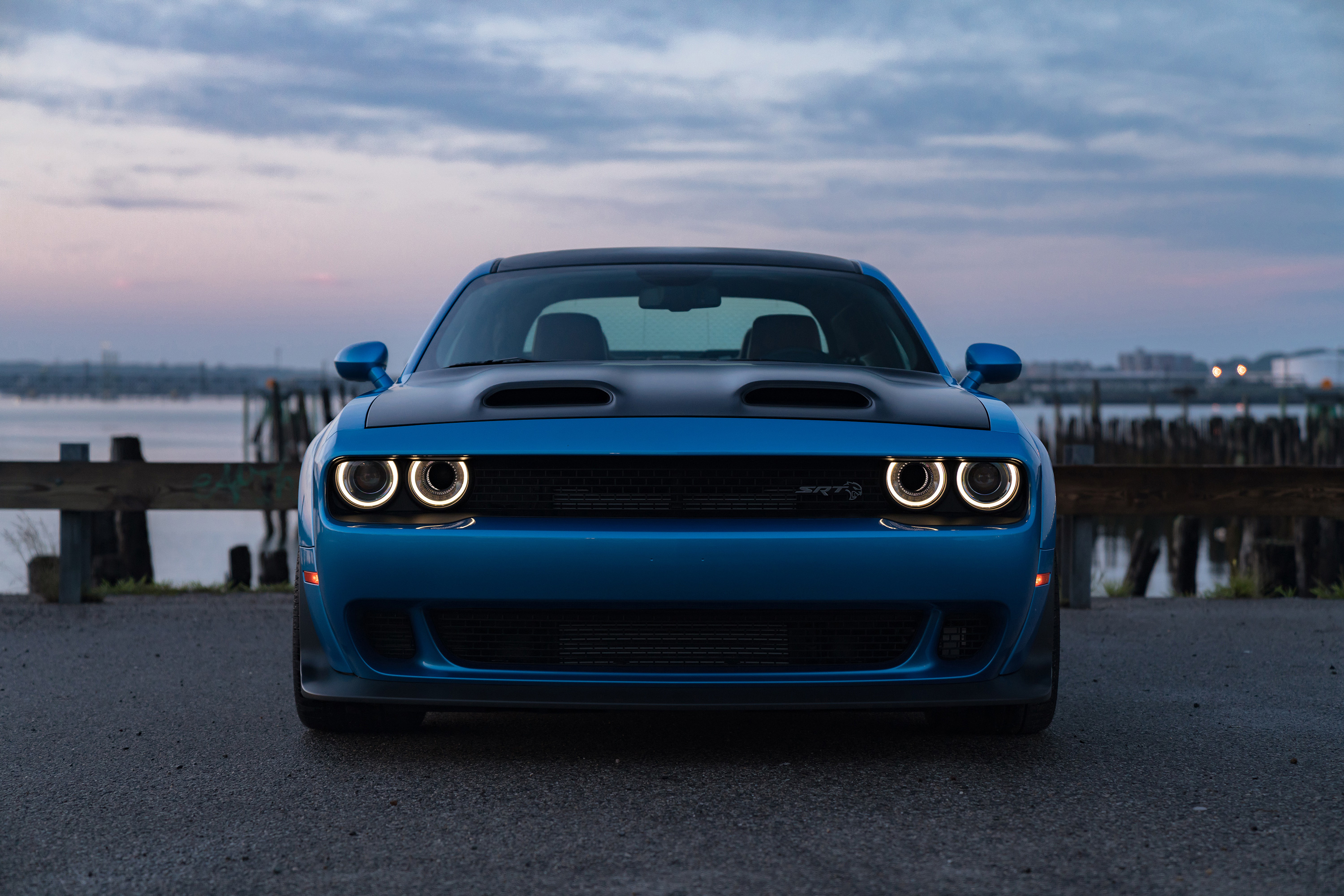 Dodge Challenger SRT Hellcat, illuminated halo headlights, waterfront pier at dusk, HD Desktop wallpaper