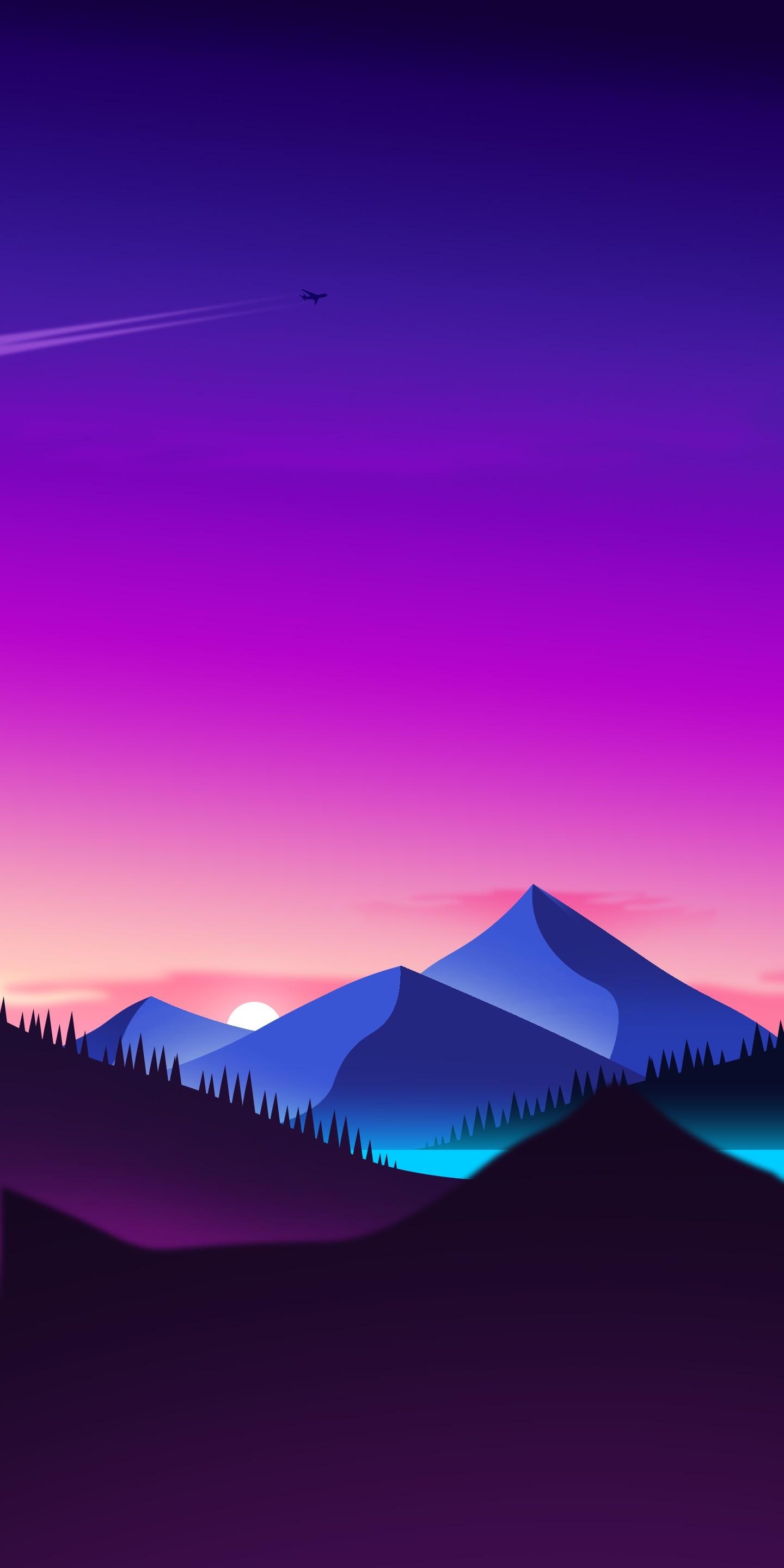 airplane with contrail silhouette, geometric mountain peaks, pine tree forest silhouette, HD Phone wallpaper