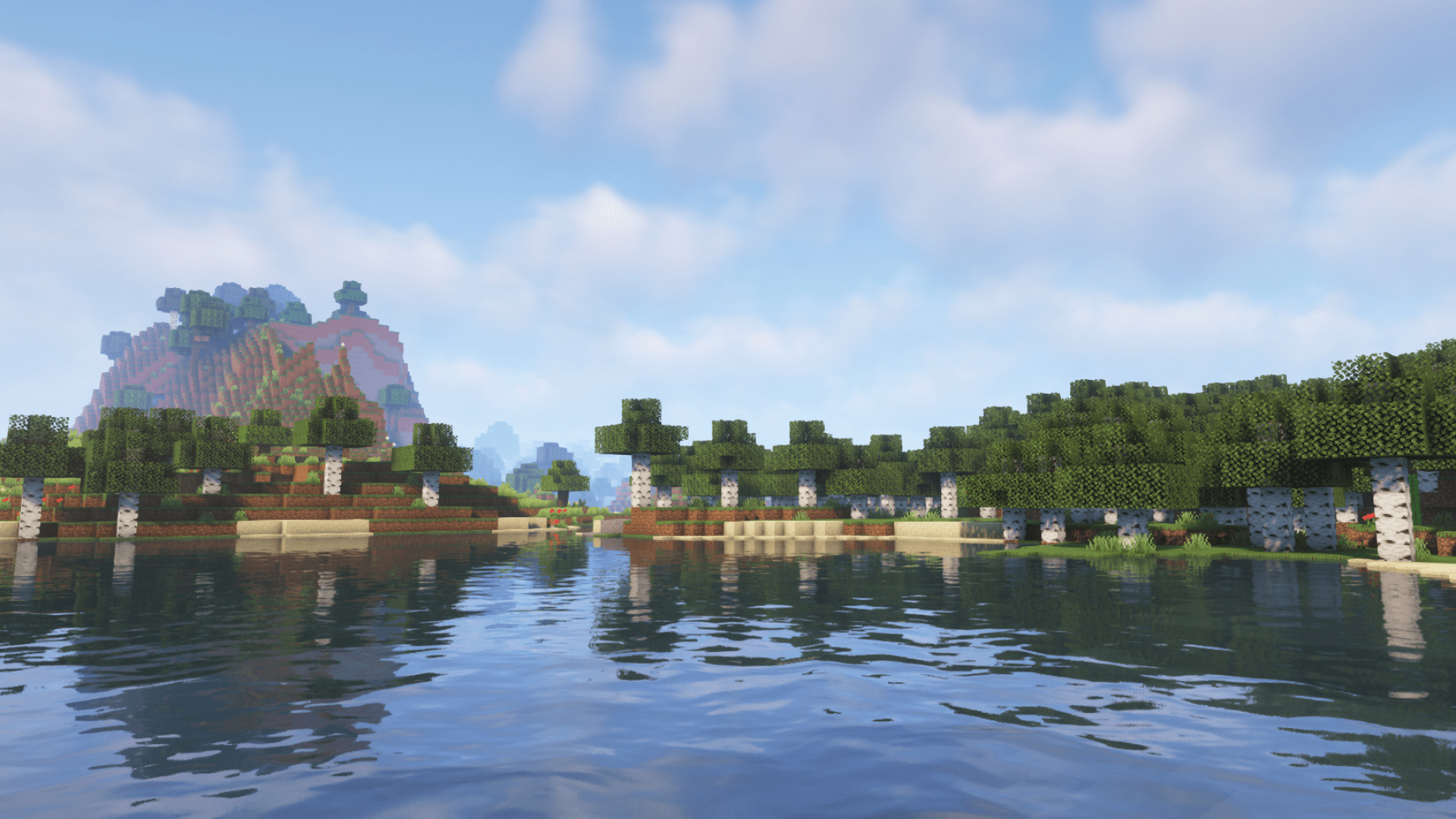 Minecraft birch forest, shader water reflections, distant blocky mountain, Full HD Desktop wallpaper