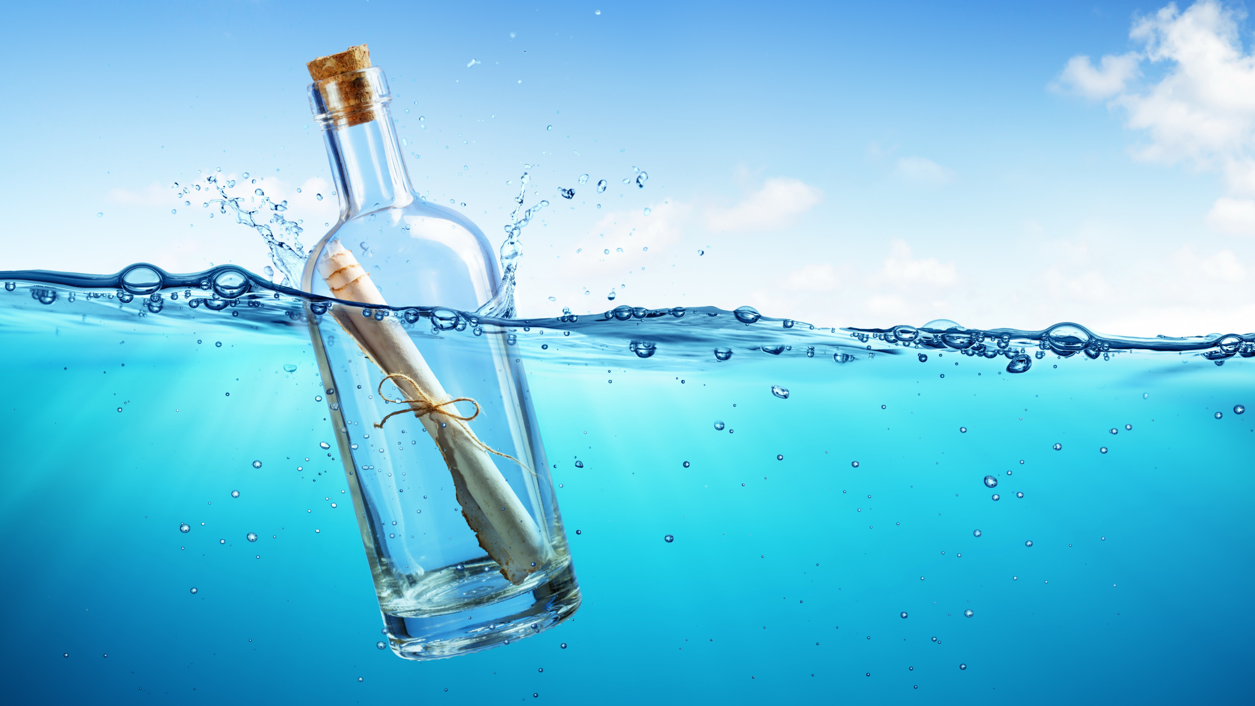 Message in a Bottle, Ocean message, Blue water, High-resolution rendering, 2560x1440 HD Desktop