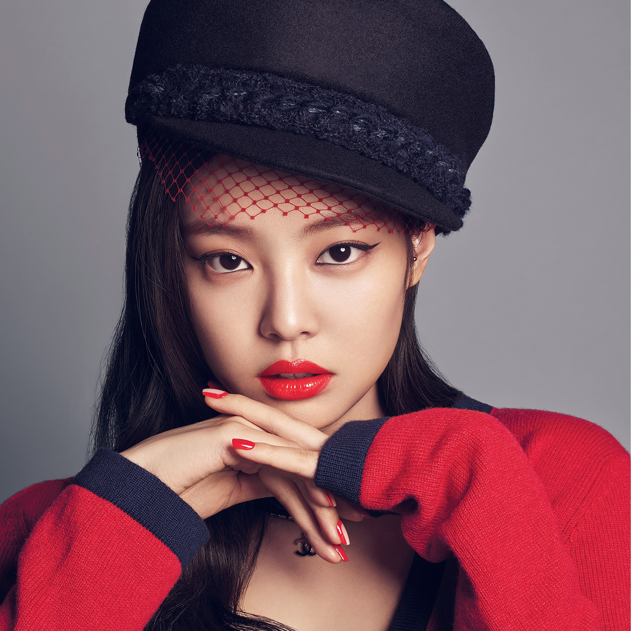 Jennie Kim, black veiled baker boy hat, red knit sweater, HD Phone wallpaper