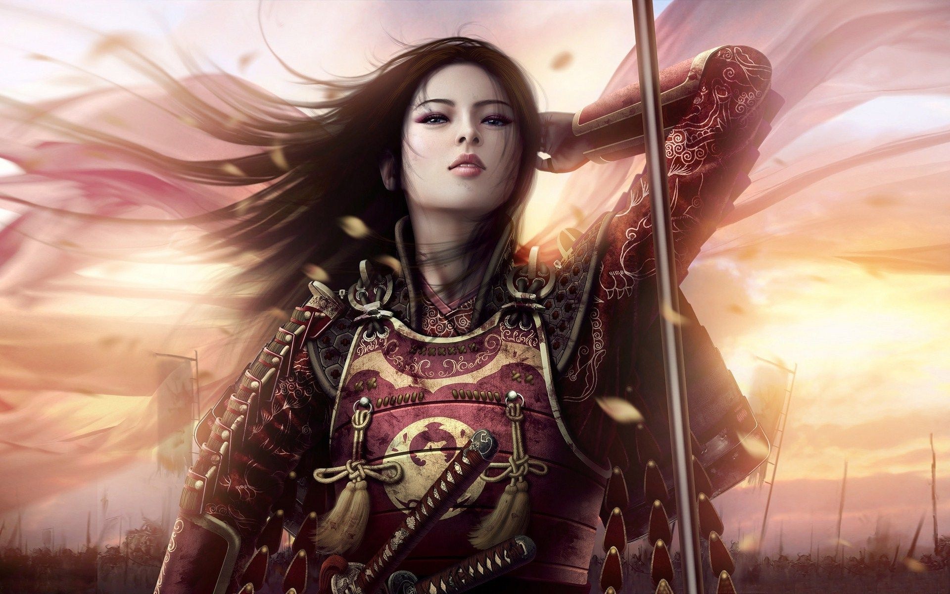 Onna-musha warrior, Red lacquered samurai armor, Katana hilt and scabbard, HD Desktop wallpaper