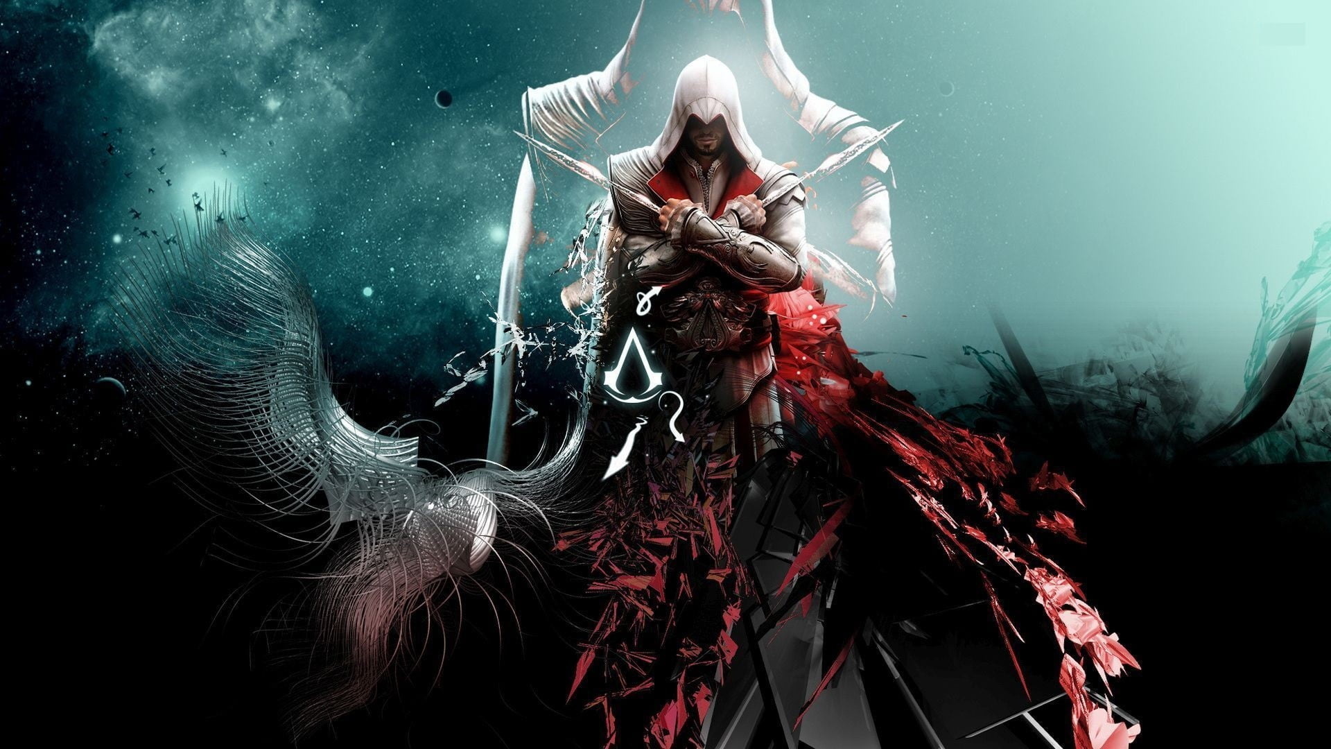 Ezio Auditore da Firenze, Assassin's Creed insignia, Abstract eagle wing graphics, Full HD Desktop wallpaper