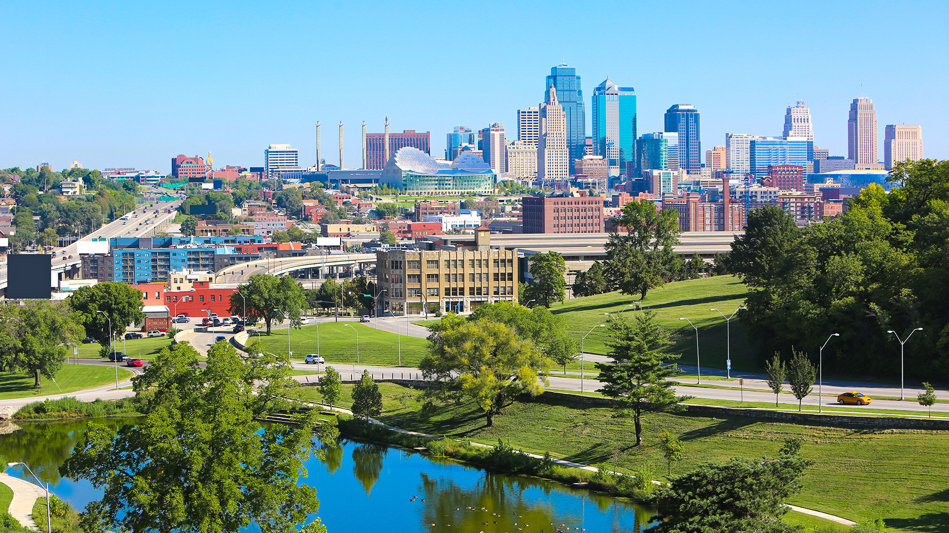 Kansas City Skyline, Aerial view of Kansas City, Urban panorama, 1920x1080 Full HD Desktop