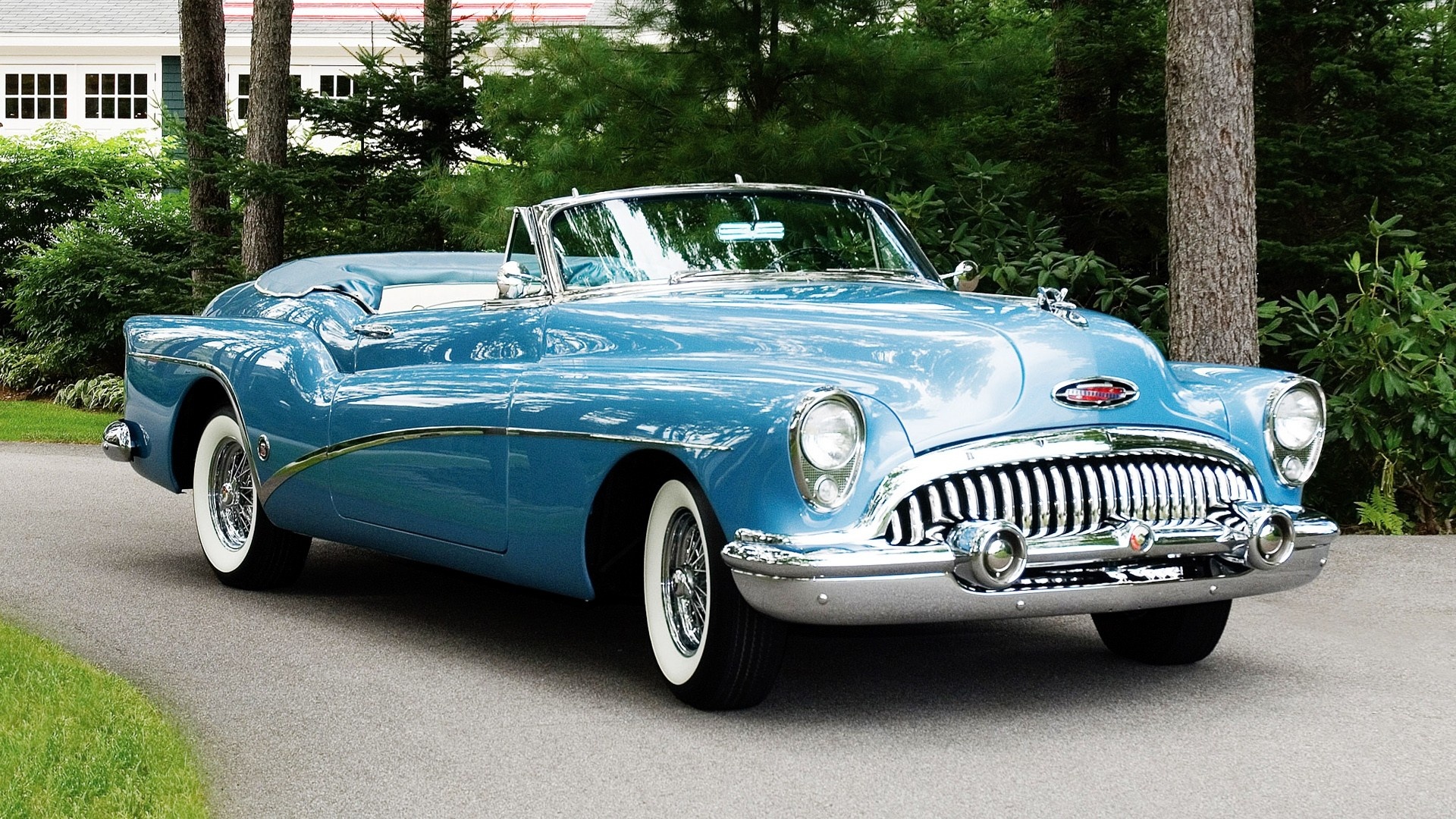 1953 Buick Skylark Convertible, chrome wire wheels, paved driveway, Full HD Desktop wallpaper