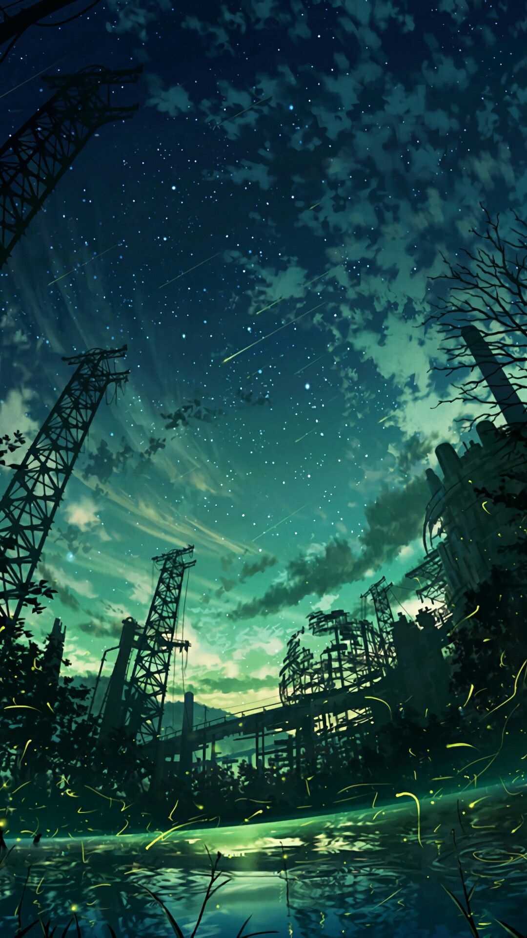 abandoned industrial ruins, starry night shooting stars, glowing fireflies over water, Full HD Phone wallpaper