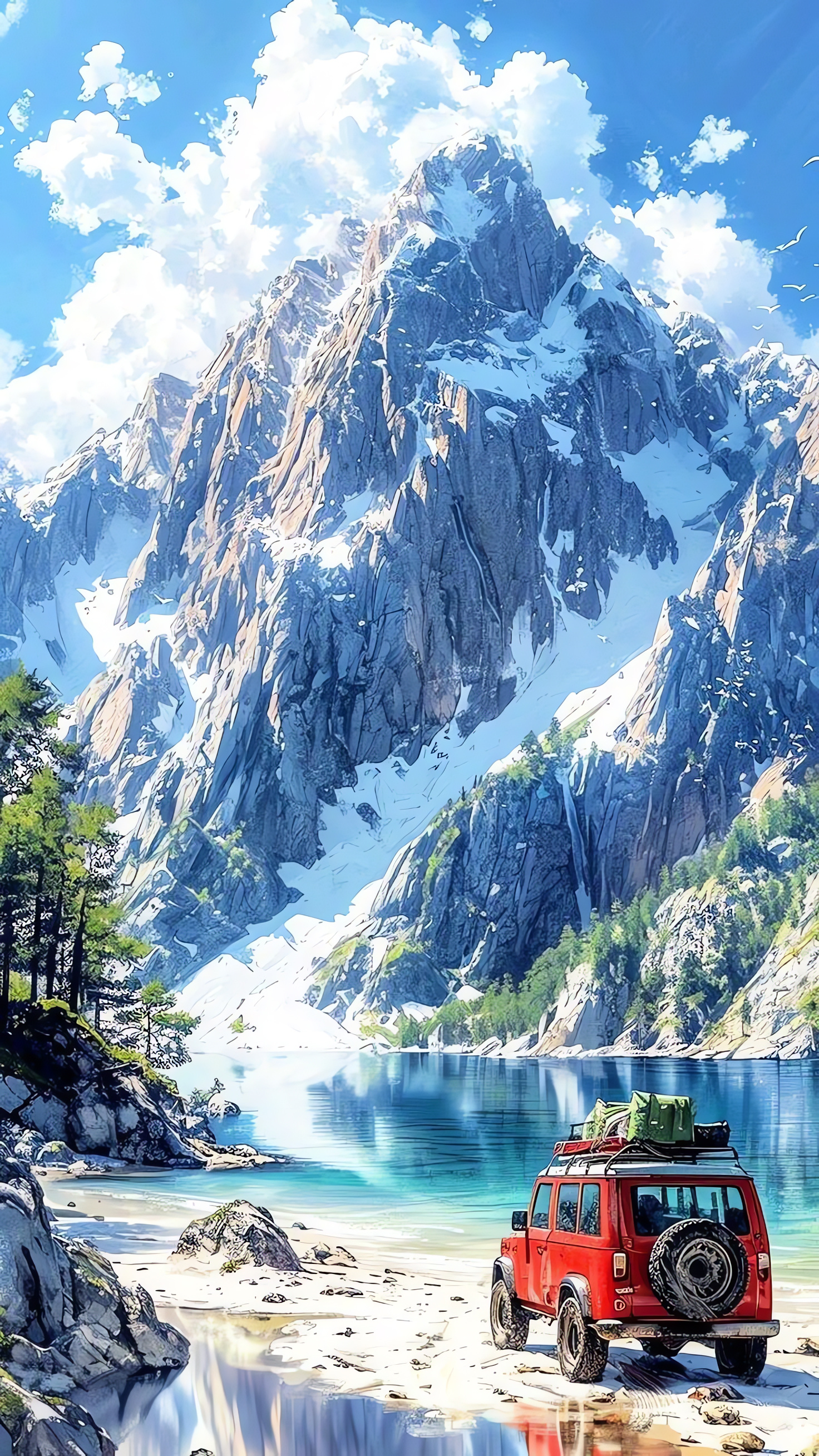 Mount Landscape, Lake Scene, Snow, Red Jeep, Camping AI Background