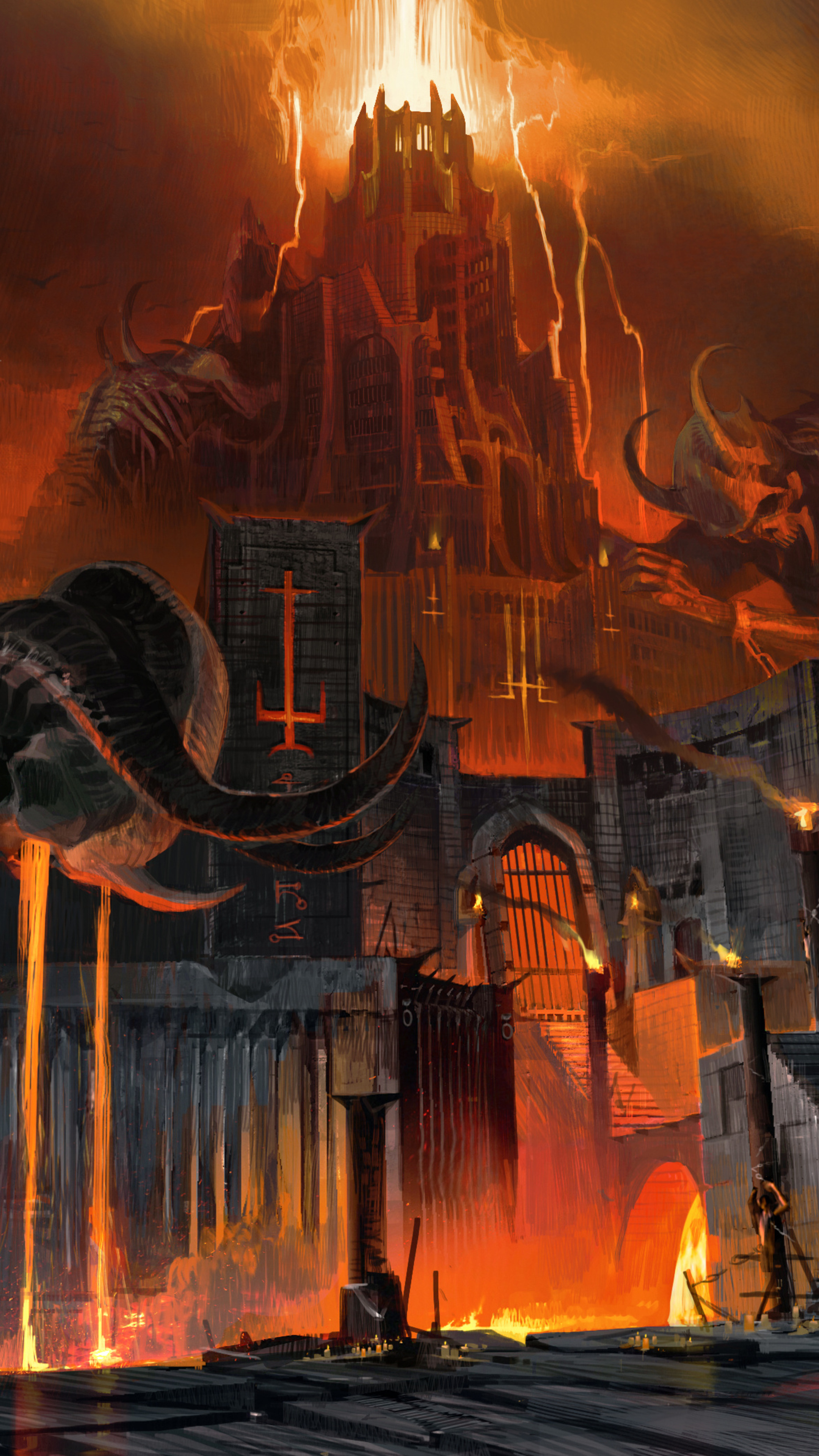 Mark of the Slayer rune, Doom Eternal Hell citadel, Molten lava waterfall, 4K Phone wallpaper