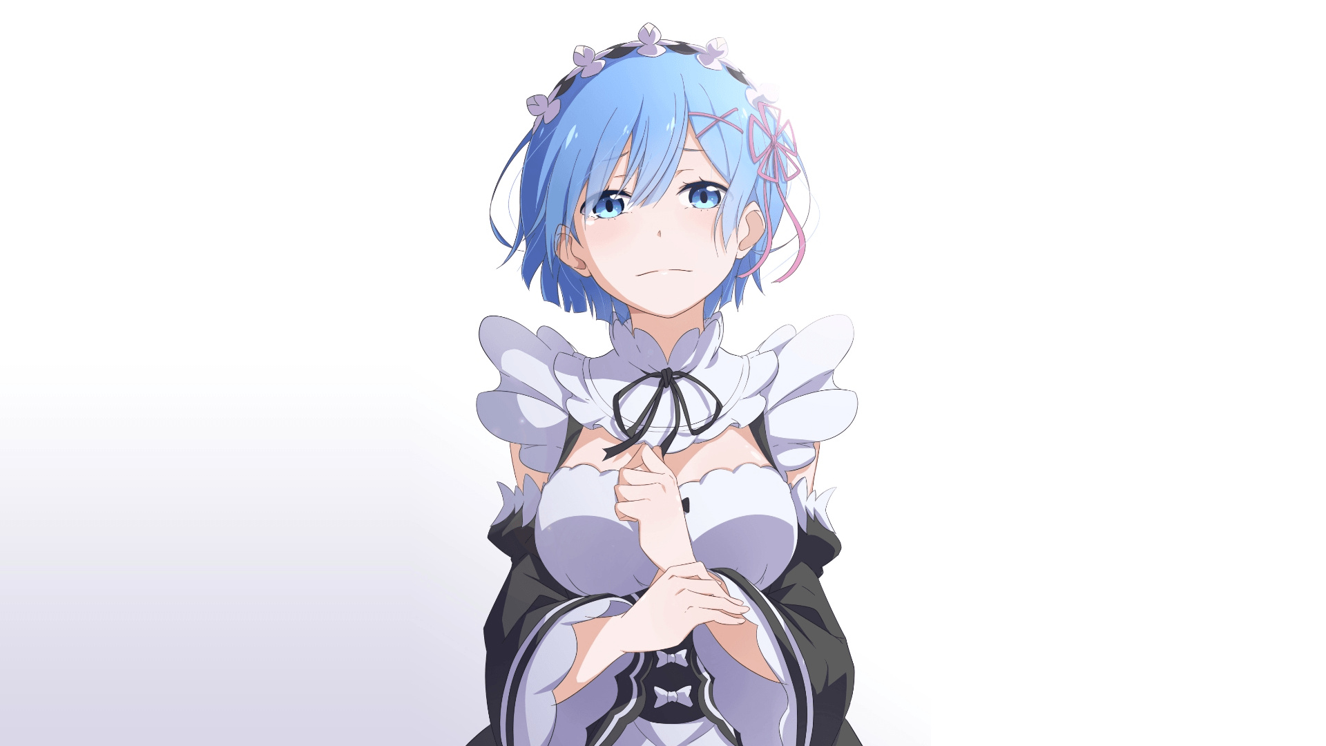 Rem, Re:Zero maid outfit, White minimalist background, Full HD Desktop wallpaper