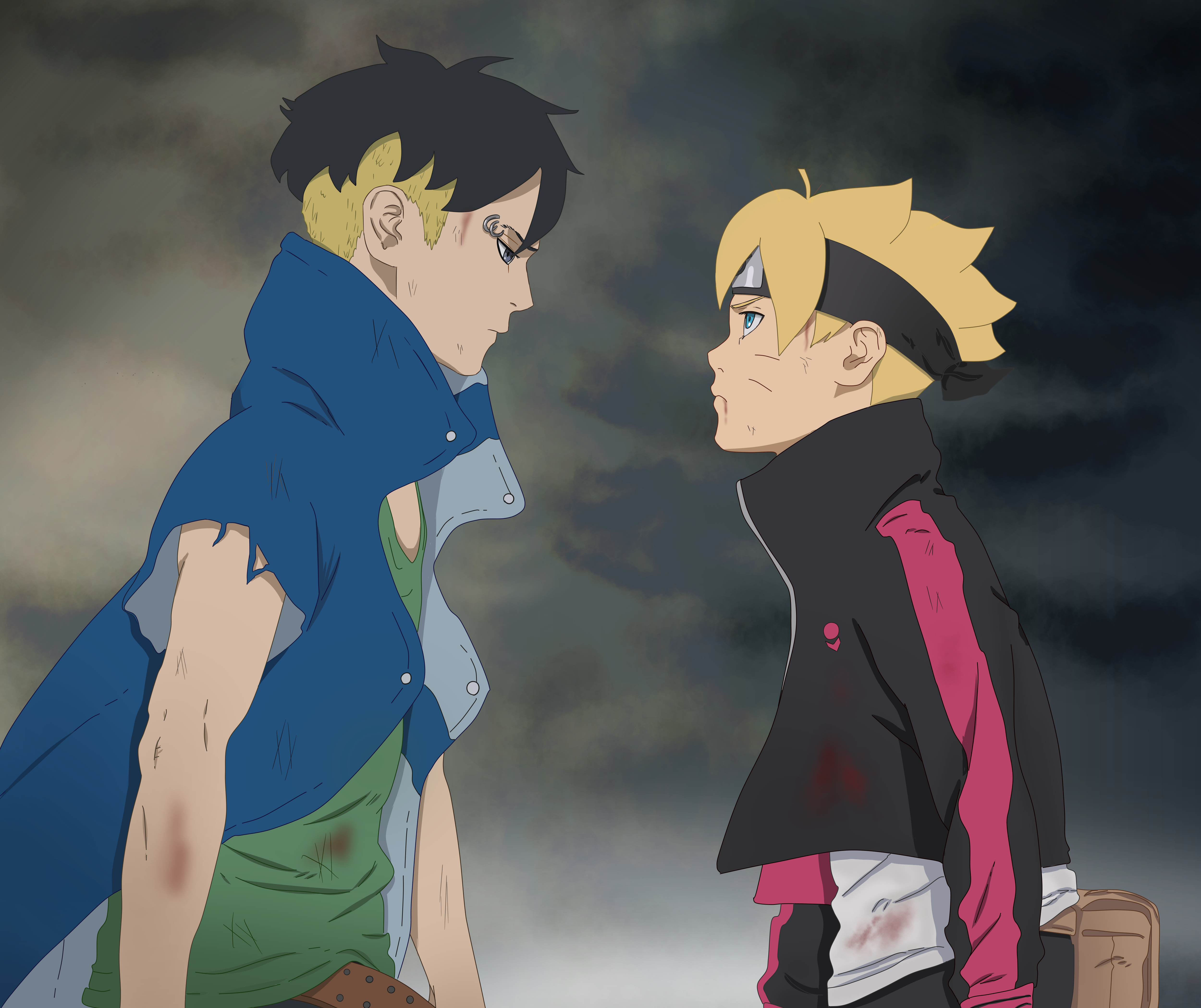 Kawaki, Boruto Uzumaki, Karma seal, Face-off stance, Overcast sky, 4K Desktop wallpaper