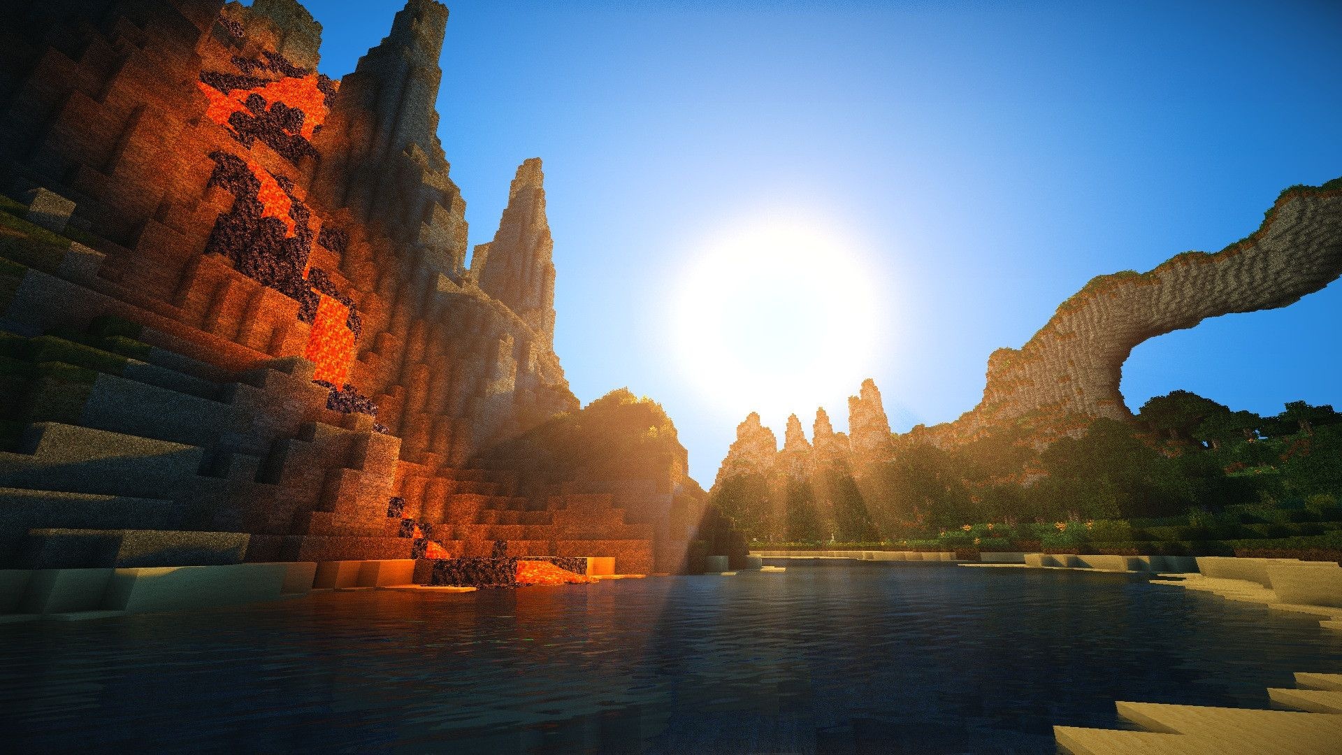 Minecraft mountain lava fall, Minecraft natural stone arch, Minecraft shaders sunbeams, Full HD Desktop wallpaper