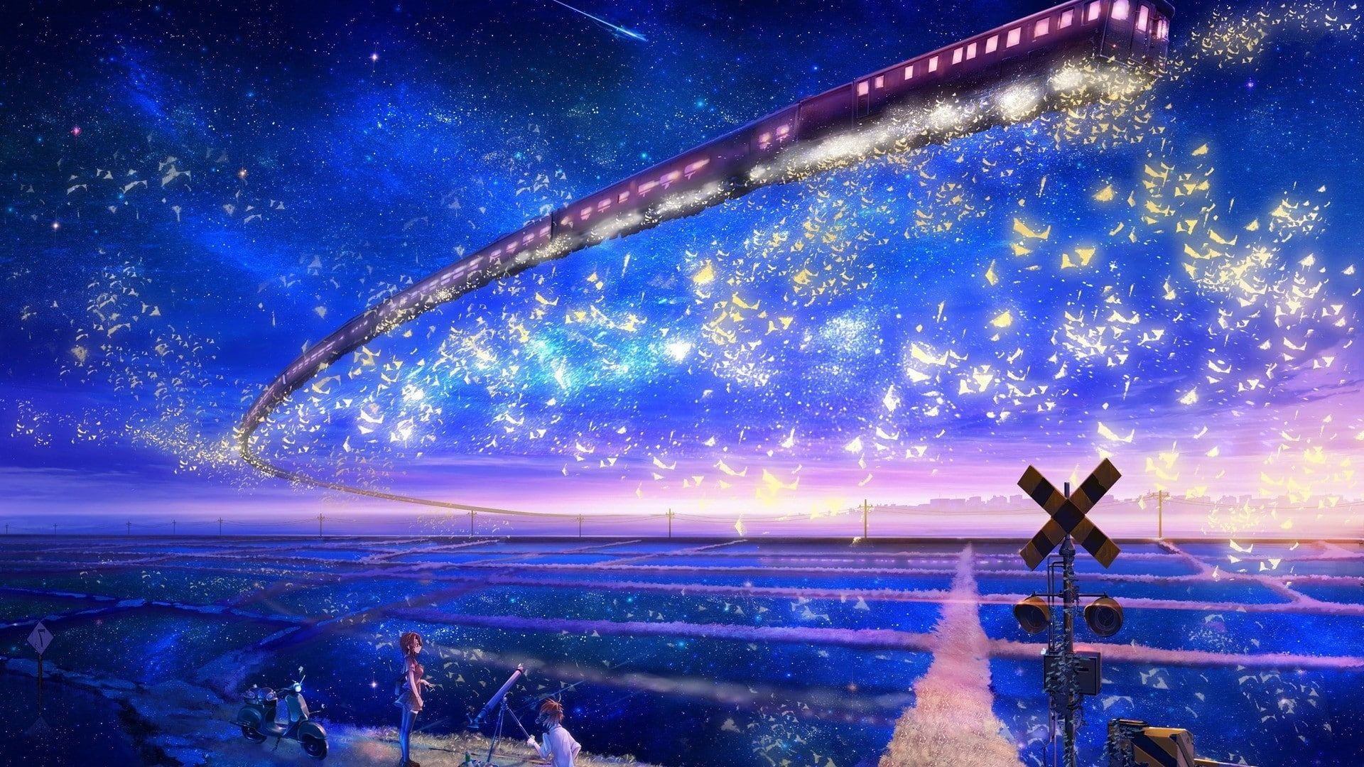 flying celestial train, railroad crossing signal, stargazing figures with telescope, Full HD Desktop wallpaper