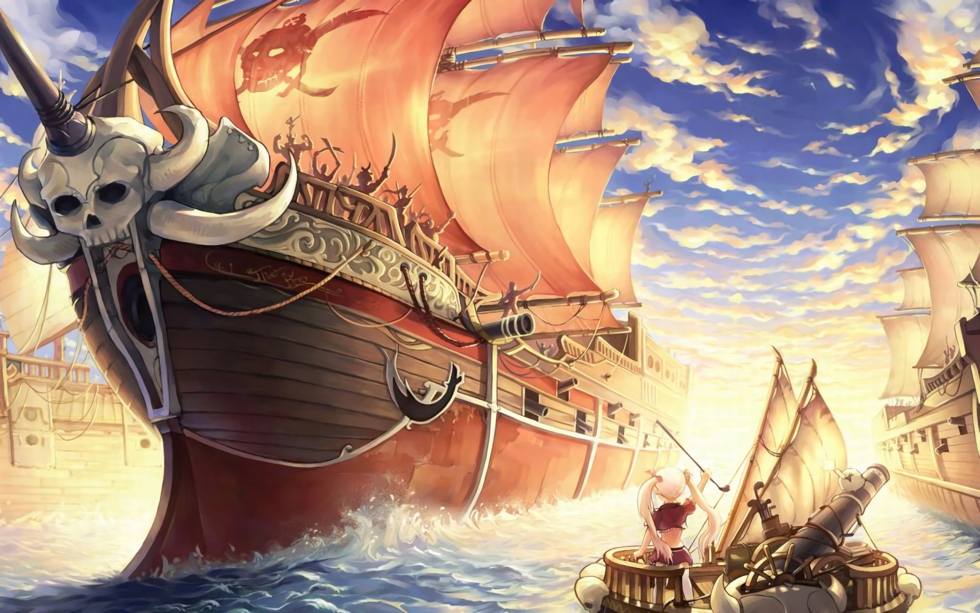 Skull figurehead pirate ship, Anime girl in rowboat, Golden sunset seascape, HD Desktop wallpaper
