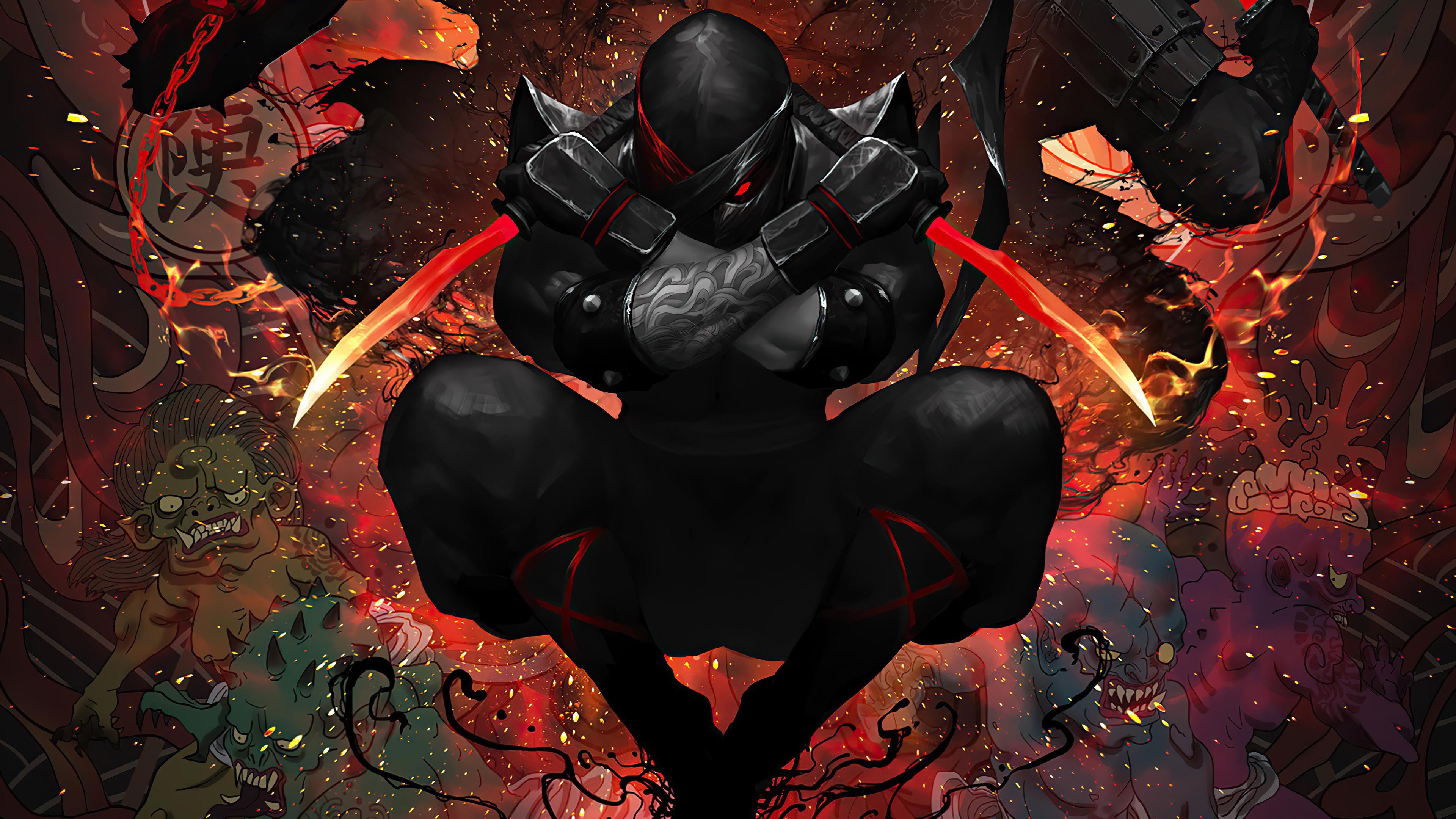 Masked shinobi assassin, Twin glowing red blades, Japanese oni demon backdrop, 4K Desktop wallpaper