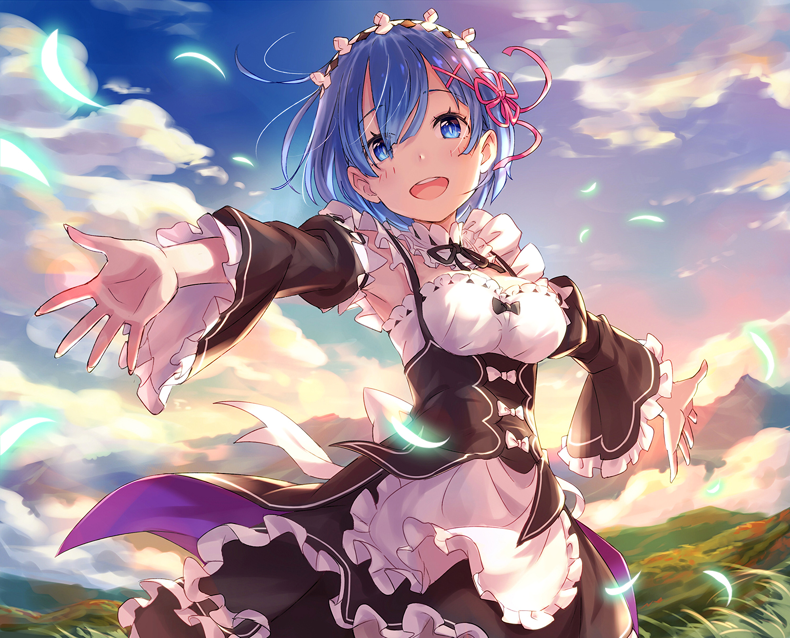 Rem, Ruffled maid dress, Sunset mountain landscape, HD Desktop wallpaper