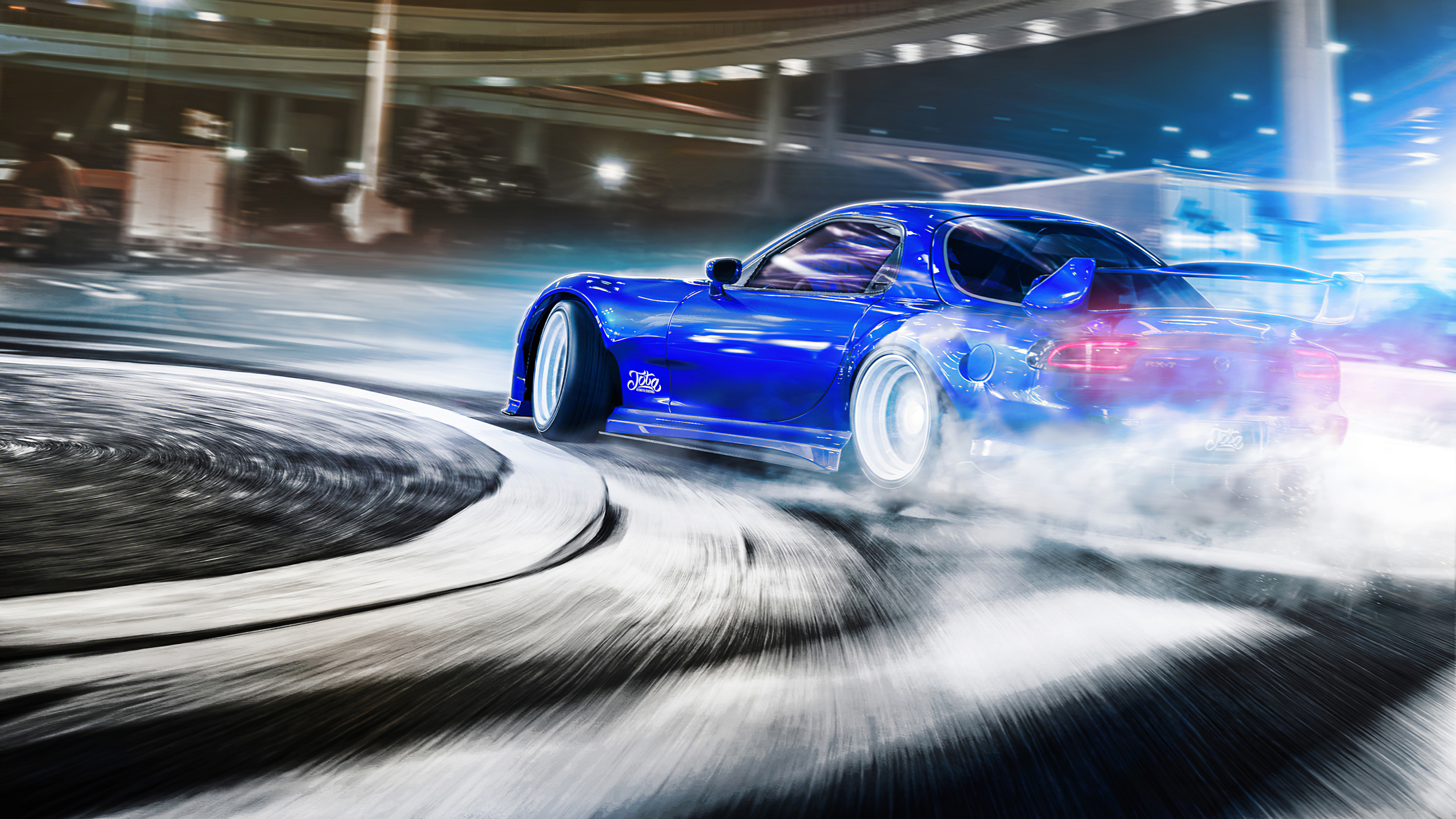 Mazda RX-7 FD, doughnut drift tire marks, illuminated highway overpass, 4K Desktop wallpaper