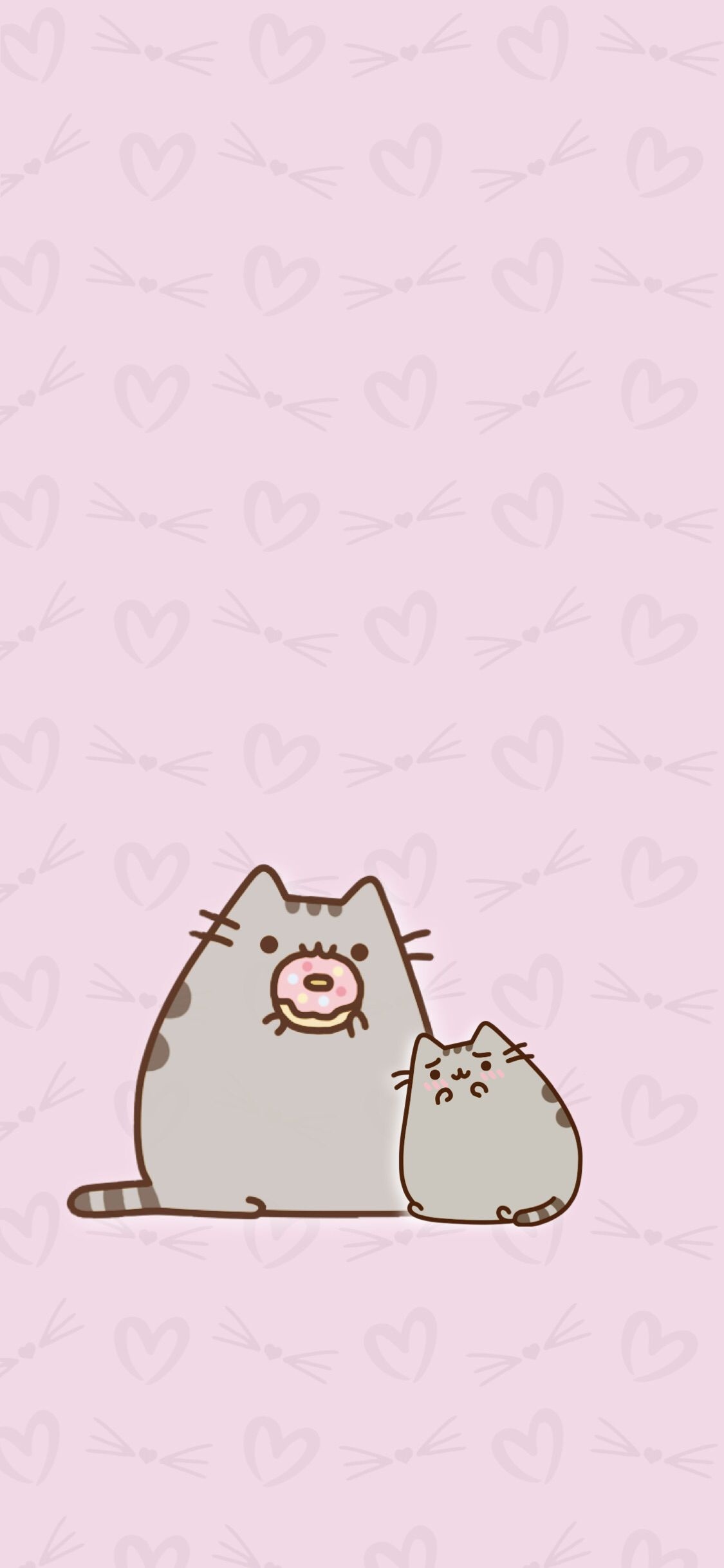 Pusheen eating pink donut, Pip the Cat, Pink heart pattern background, HD Phone wallpaper