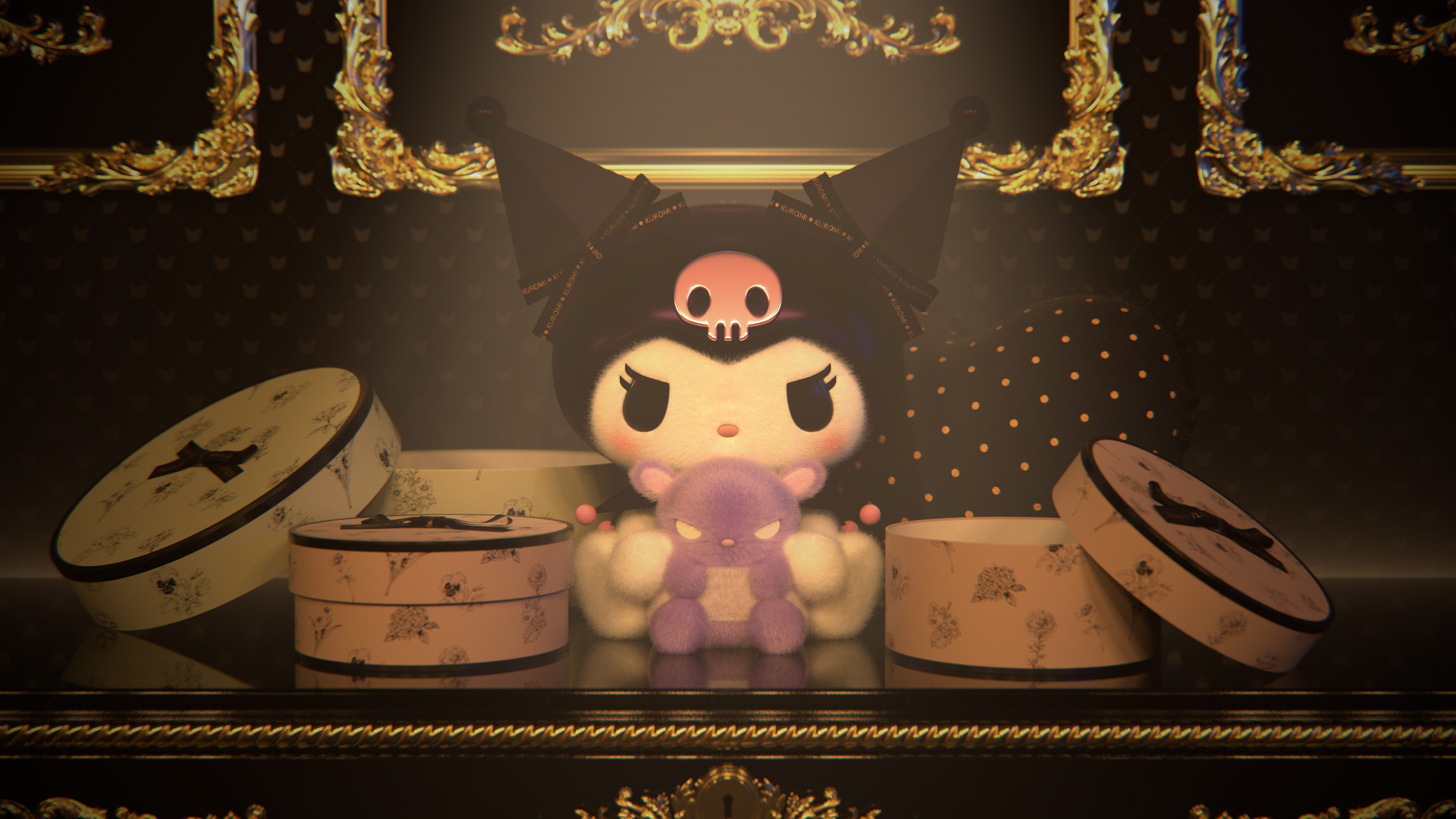 Kuromi plush, purple teddy bear plush, ornate gilded baroque frame, 4K Desktop wallpaper