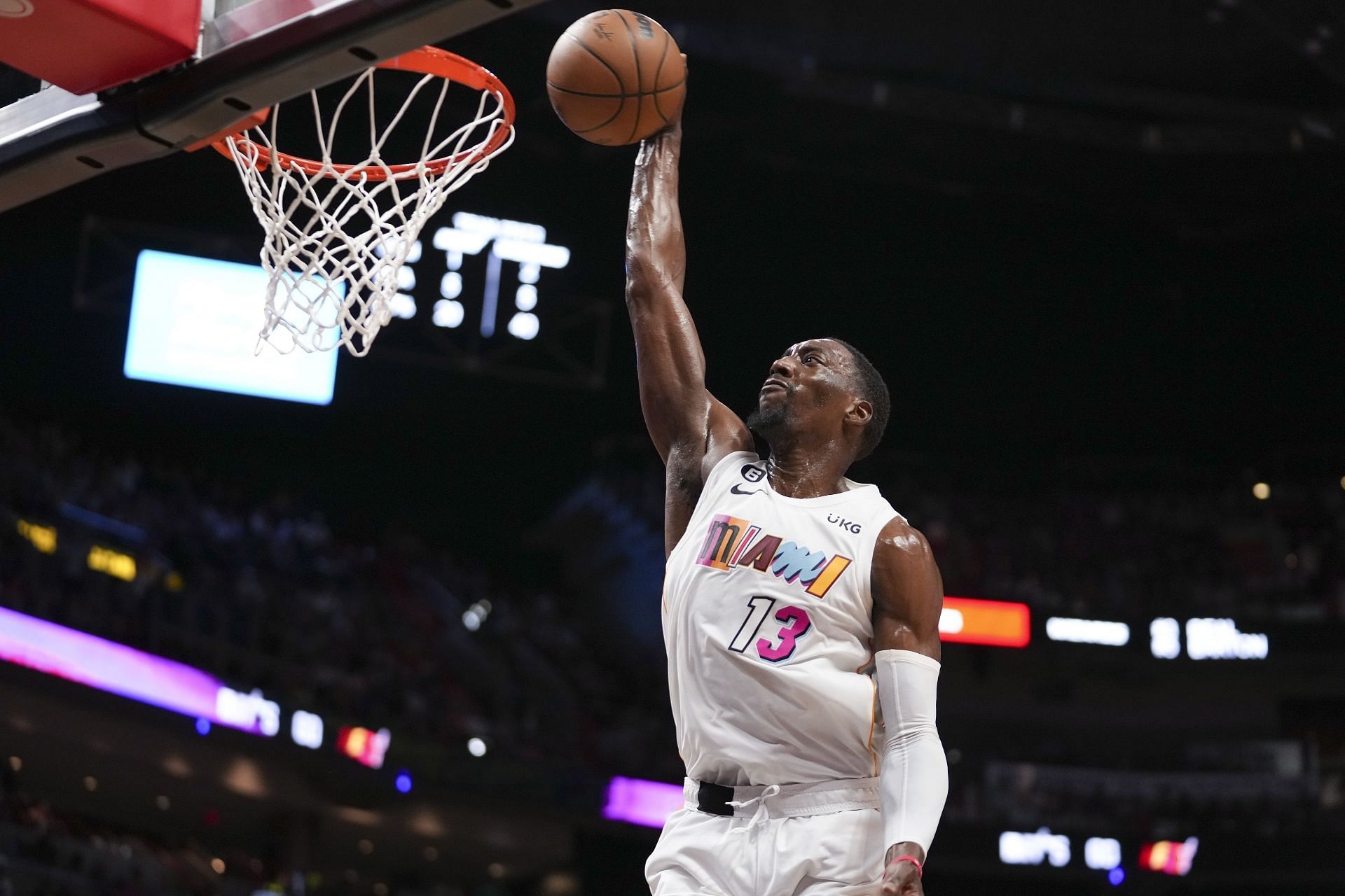 Bam Adebayo, Miami Heat City Edition jersey, Basketball rim and net, HD Desktop wallpaper