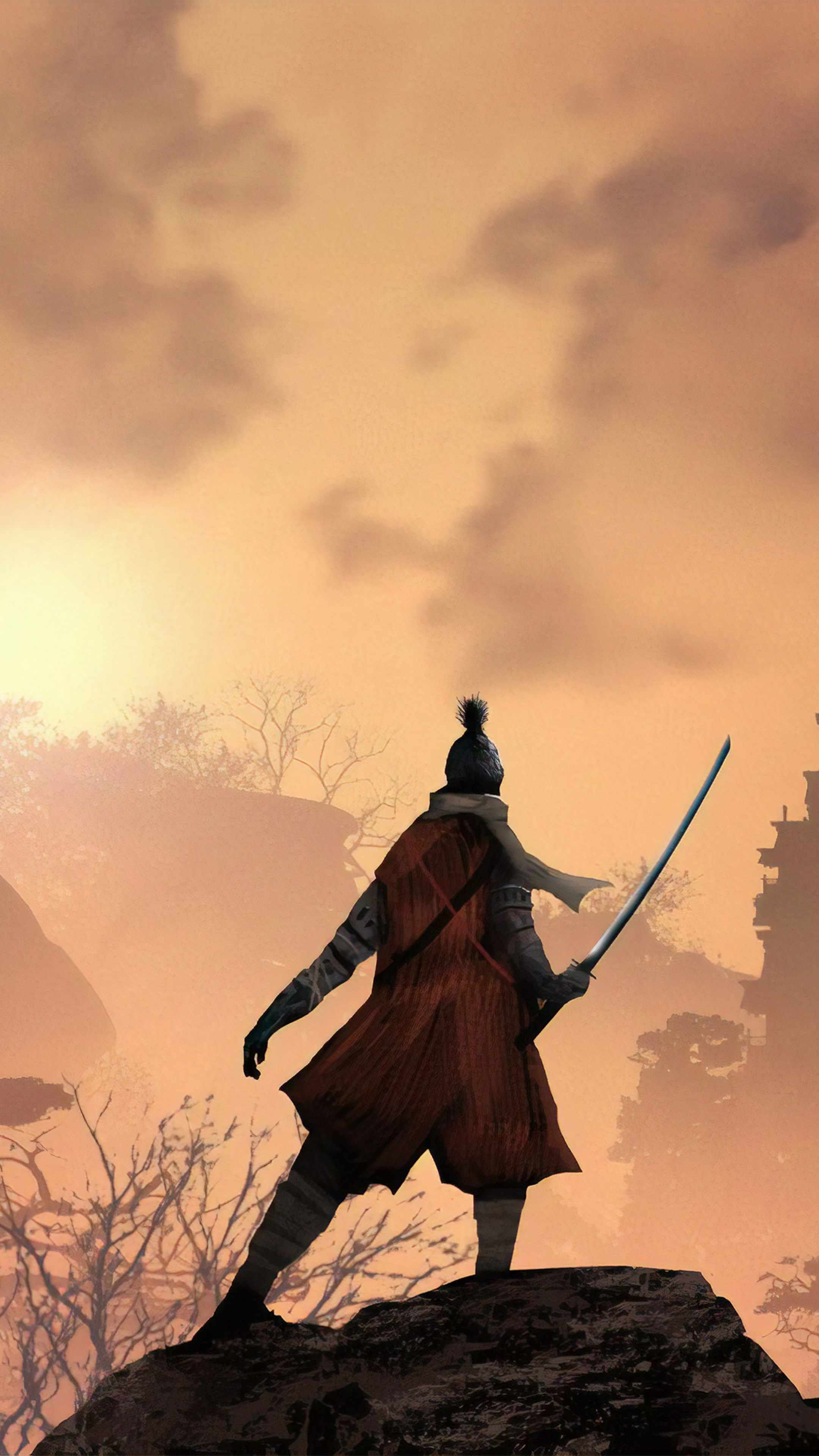 Wolf (Sekiro), Kusabimaru katana, misty sunset vista, 4K Phone wallpaper