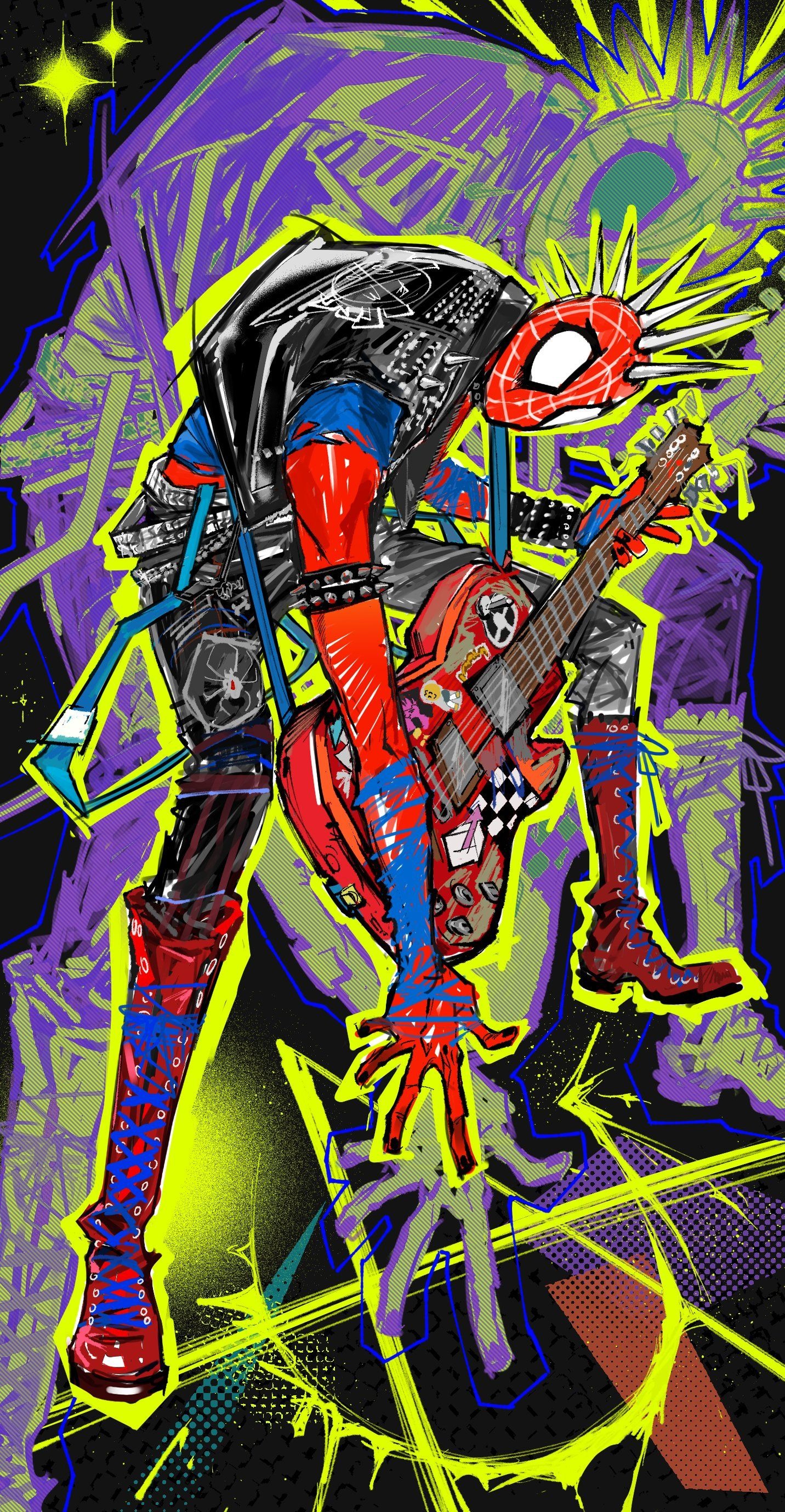 Across the Spider-Verse, Spider-Punk (Hobie Brown), Spiked masked head, Neon graffiti background, Crouched guitar pose, HD Phone wallpaper