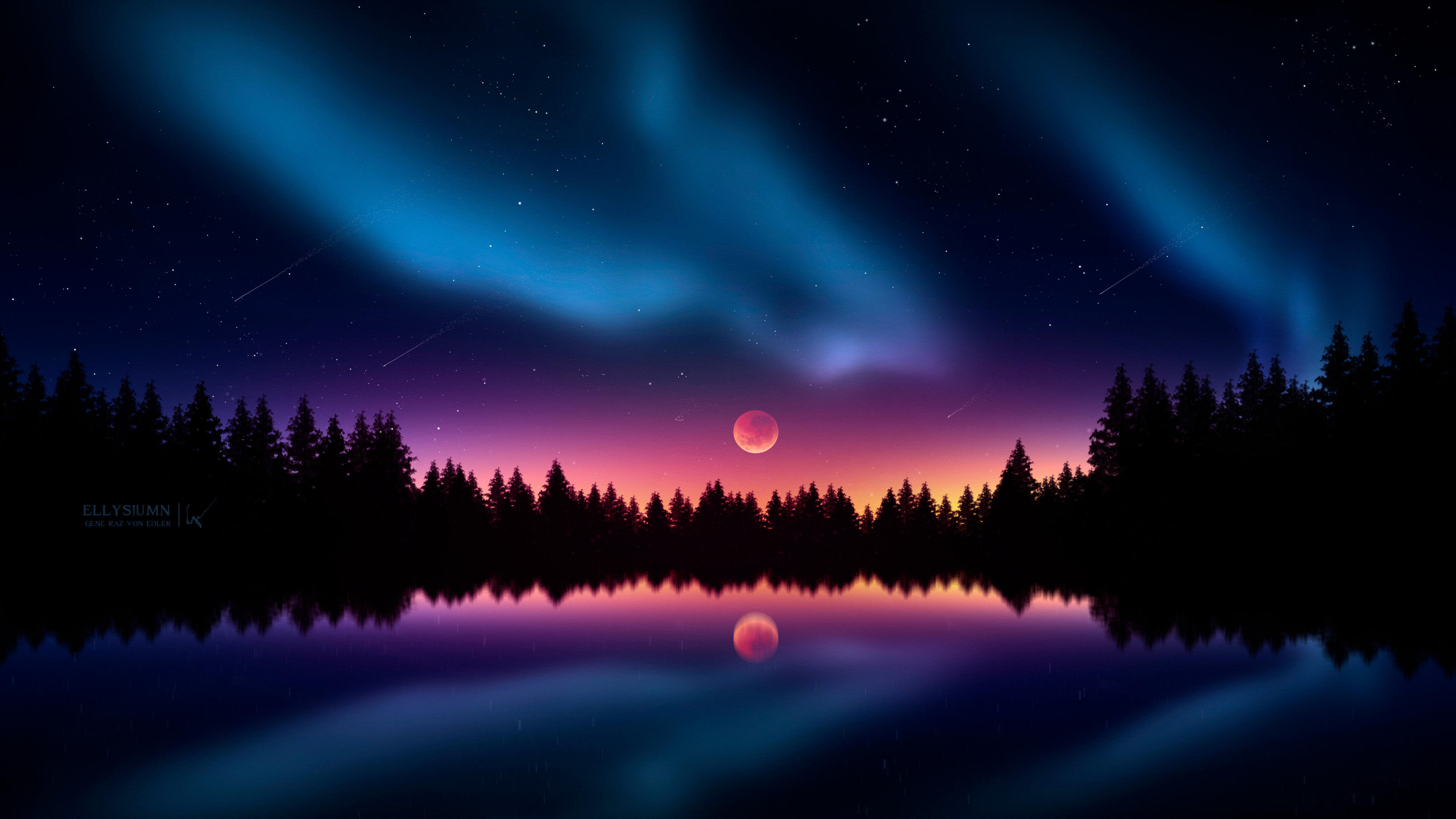 blue aurora borealis, red moon reflection, conifer forest silhouette, HD Desktop wallpaper