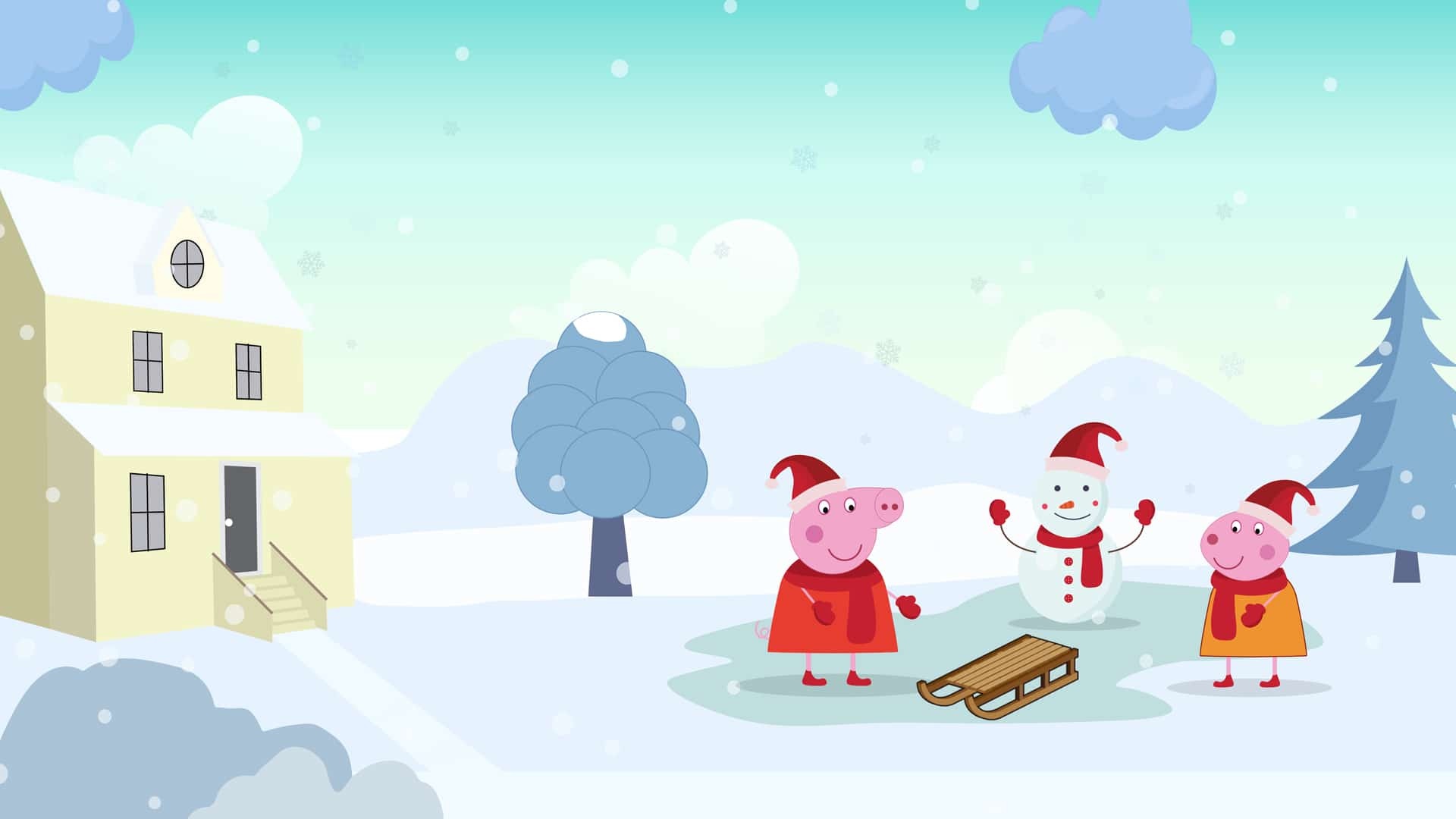 Peppa Pig, Cartoon snowman, Wooden snow sled, Full HD Desktop wallpaper