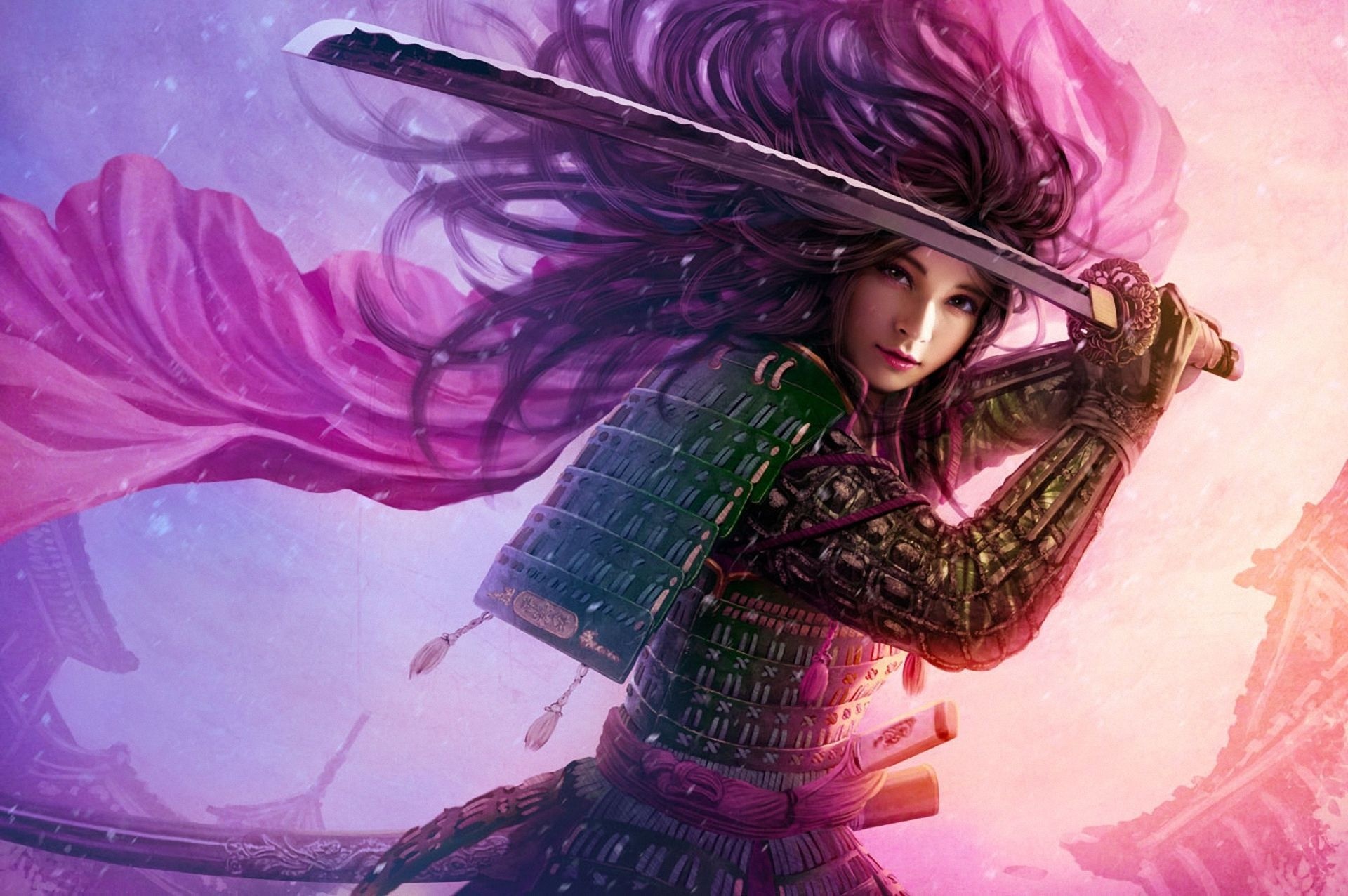 Female samurai warrior, Drawn katana sword, Lacquered samurai armor, HD Desktop wallpaper
