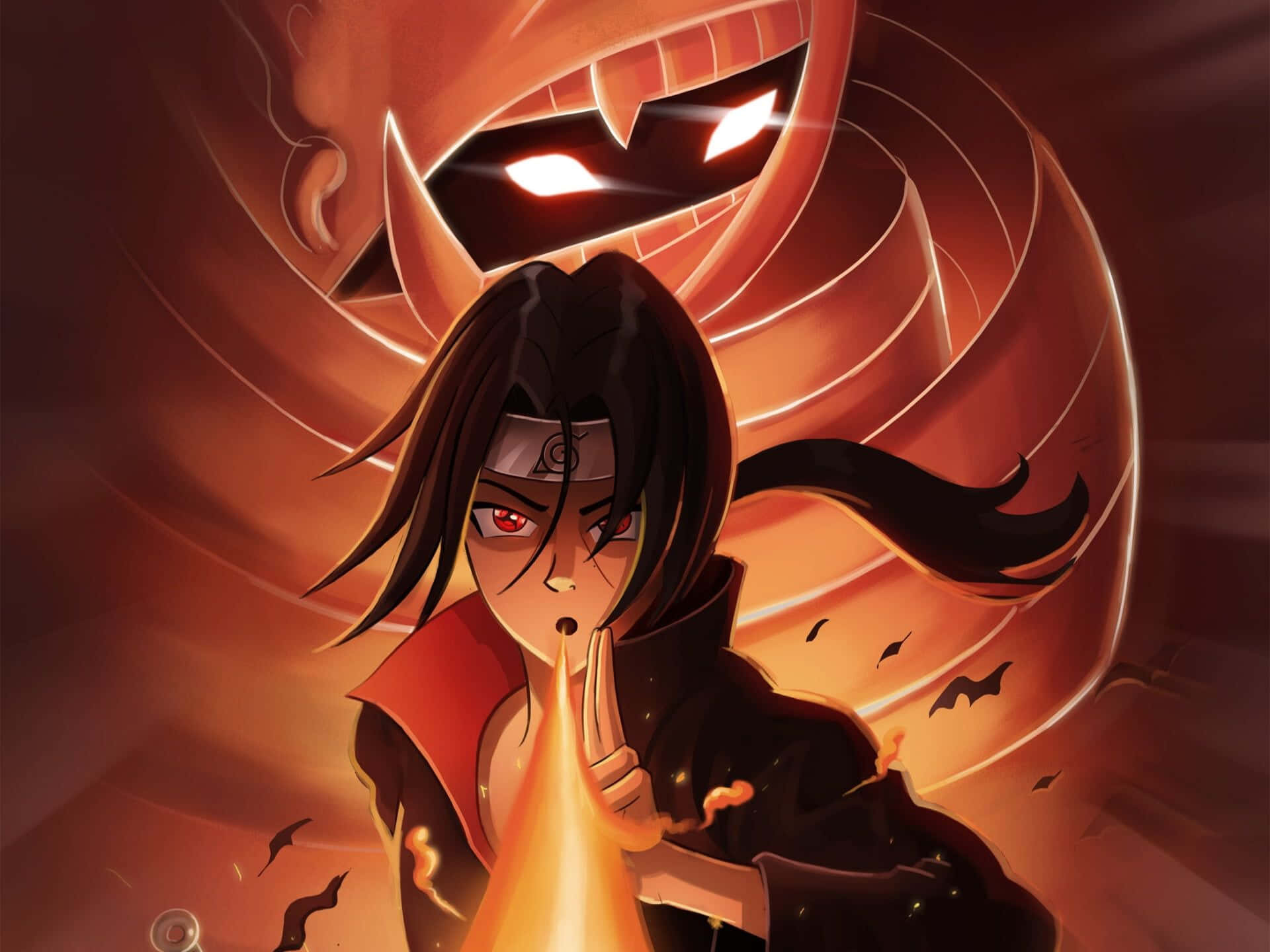 Itachi Uchiha, Susanoo, Mangekyo Sharingan, Akatsuki cloak, Orange chakra armour, HD Desktop wallpaper