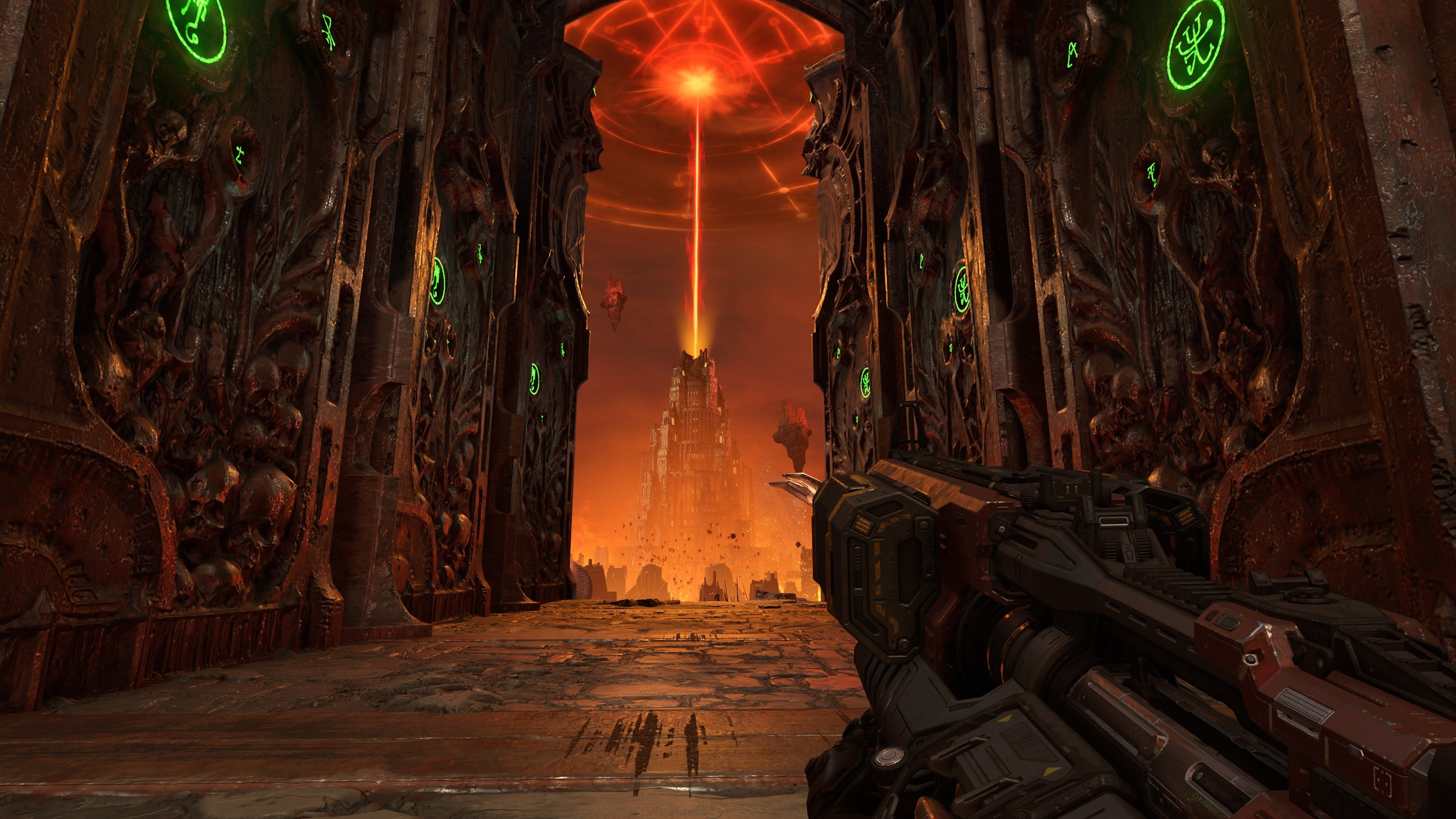 Doom Eternal Heavy Cannon, Hell pentagram sky portal, Demonic stone gateway, 4K Desktop wallpaper
