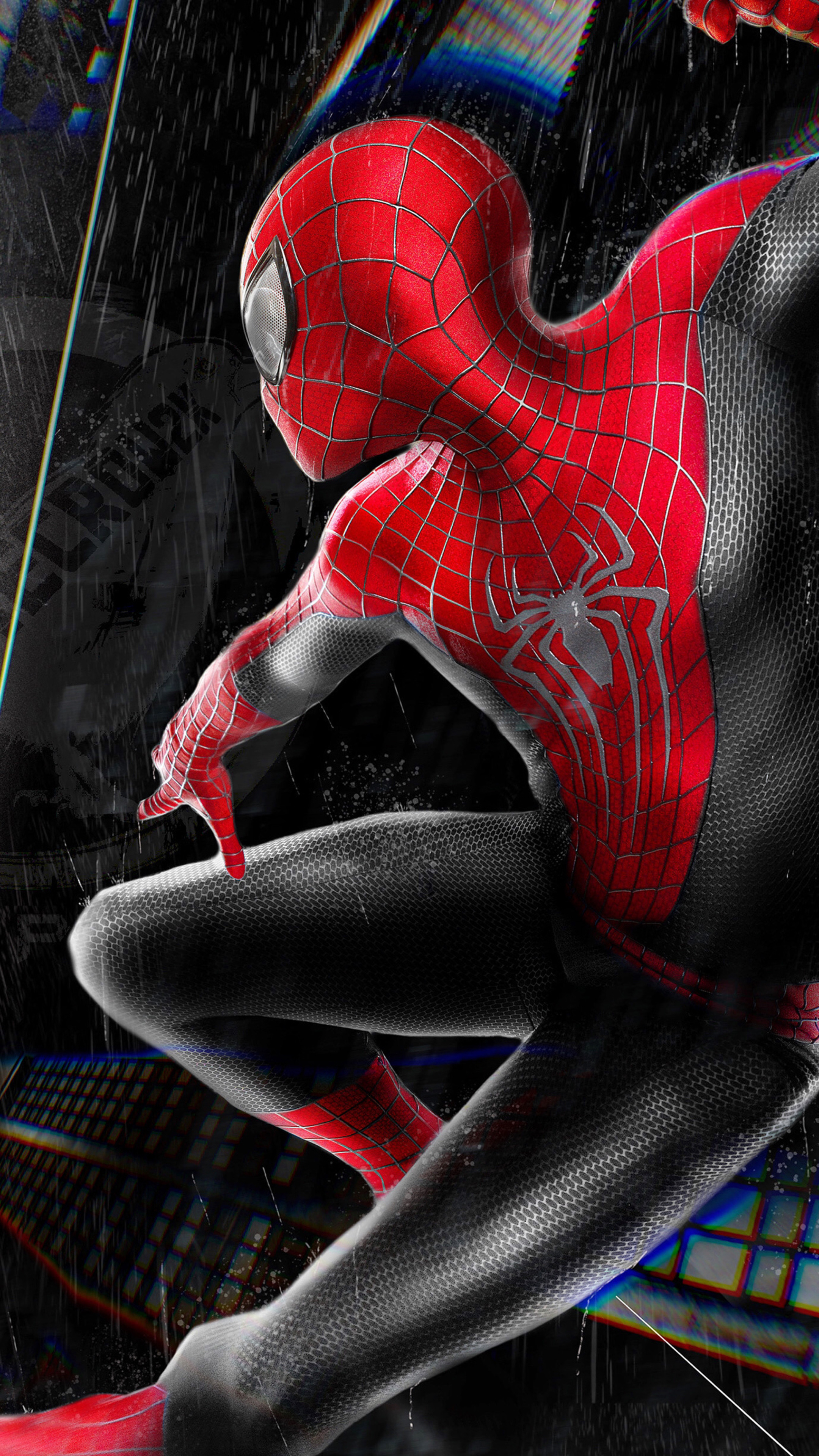 Spider-Man, Silver webbed Spider-Man suit, Rainy night city backdrop, 4K Phone wallpaper