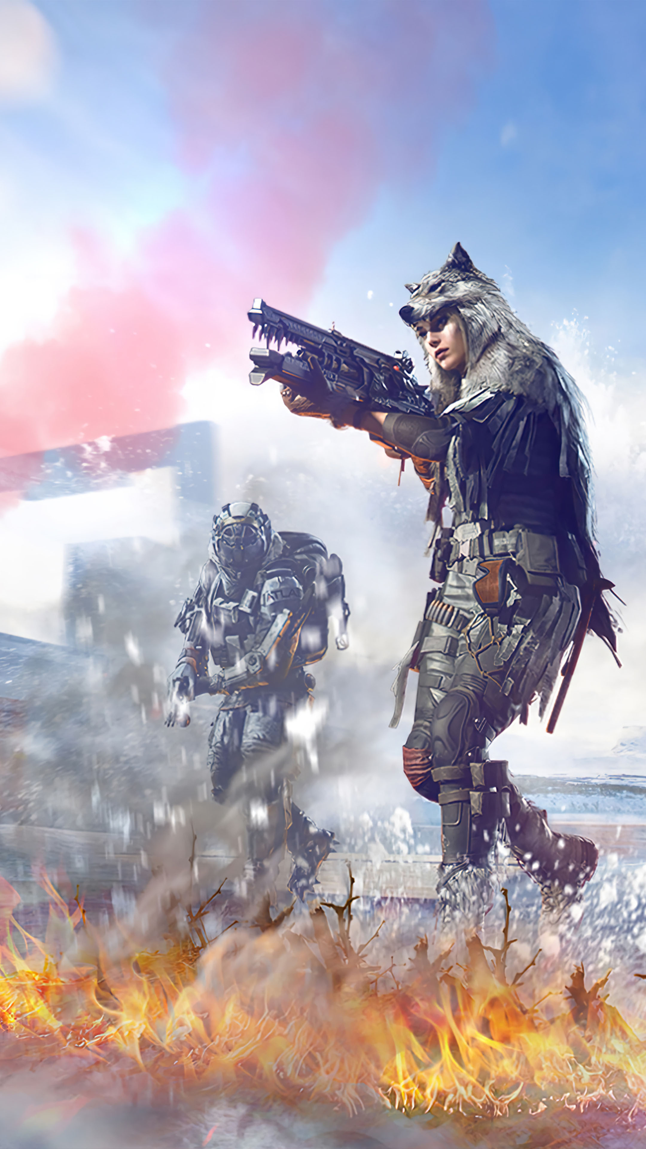 Vagr Modir Whisper of Winter, Atlas Corporation soldier, burning snowy battlefield, 4K Phone wallpaper