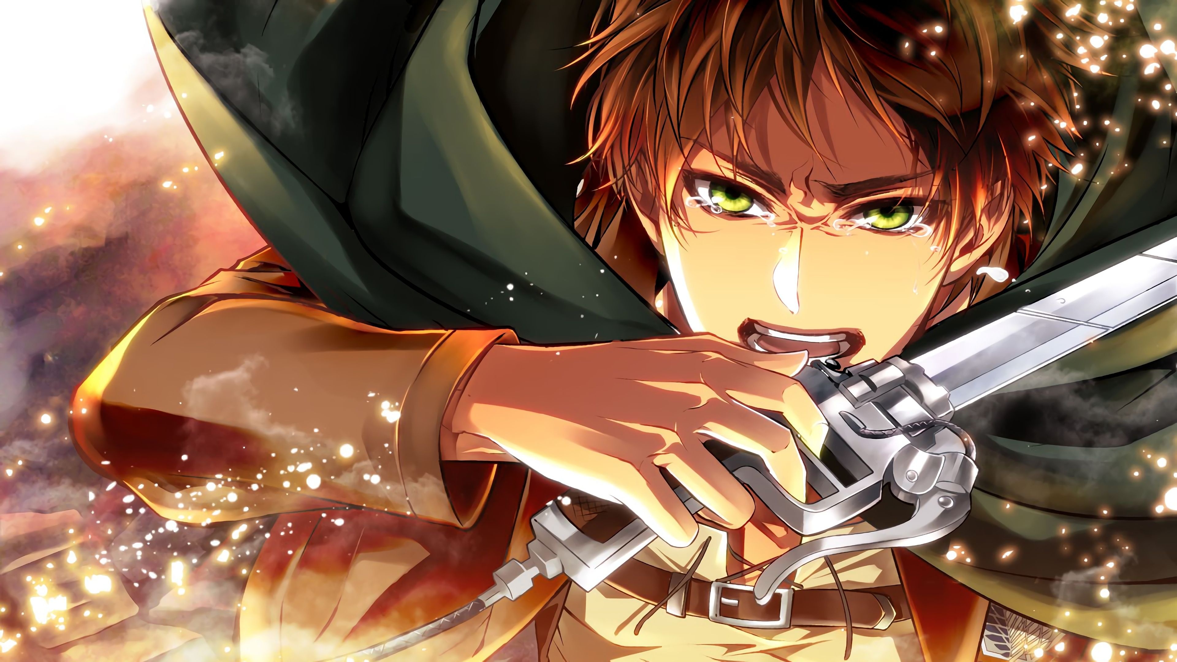 Eren Yeager, ODM gear blade, Survey Corps cloak, 4K Desktop wallpaper