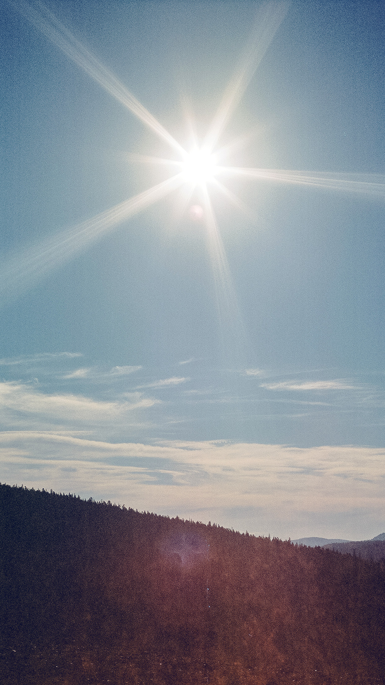 Sunburst with lens flare, Forested mountain ridge, Wispy cirrus clouds, HD Phone wallpaper