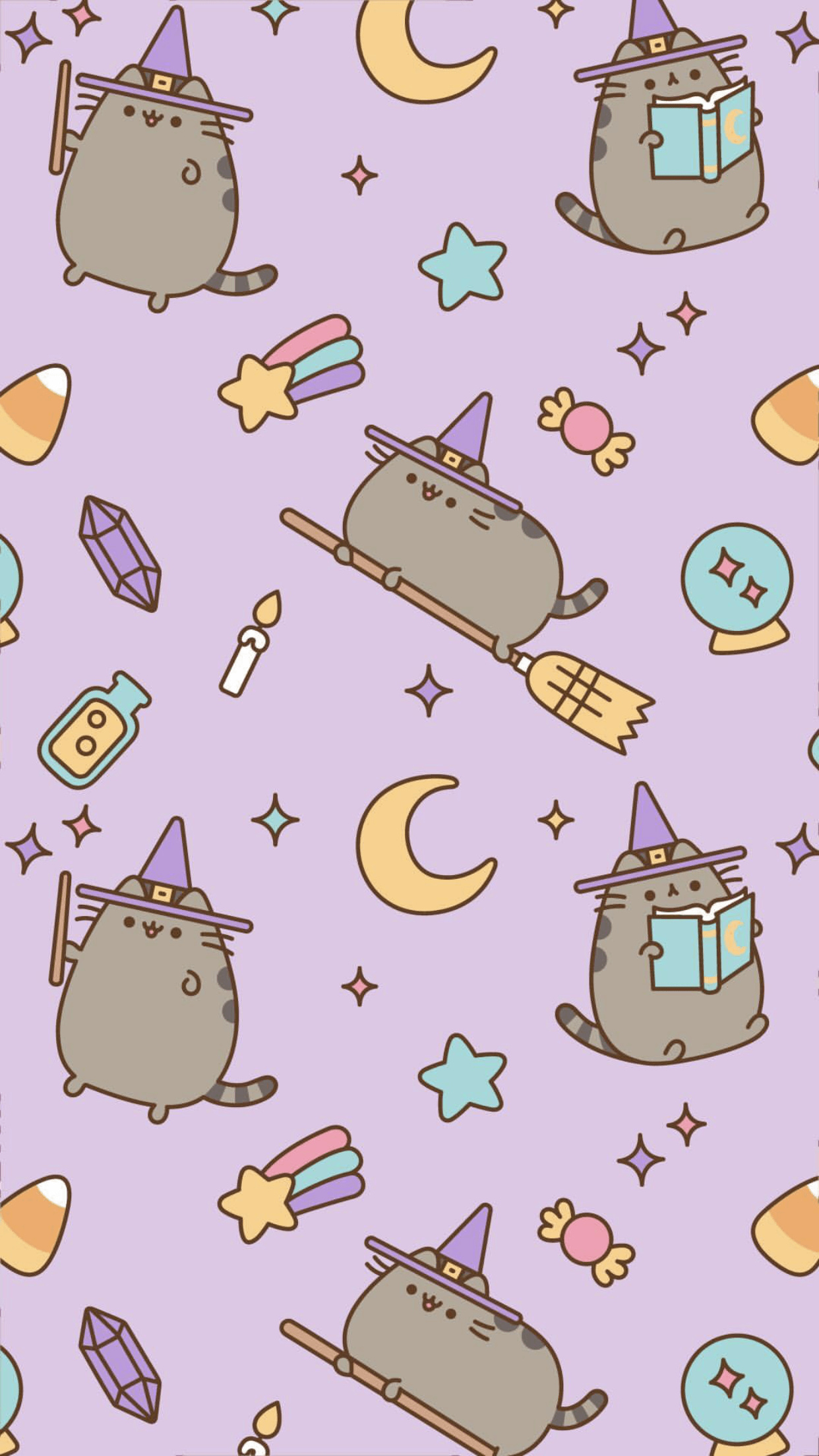 Pusheen the Cat witch, Witch broom and spellbook, Pastel purple repeating pattern, HD Phone wallpaper