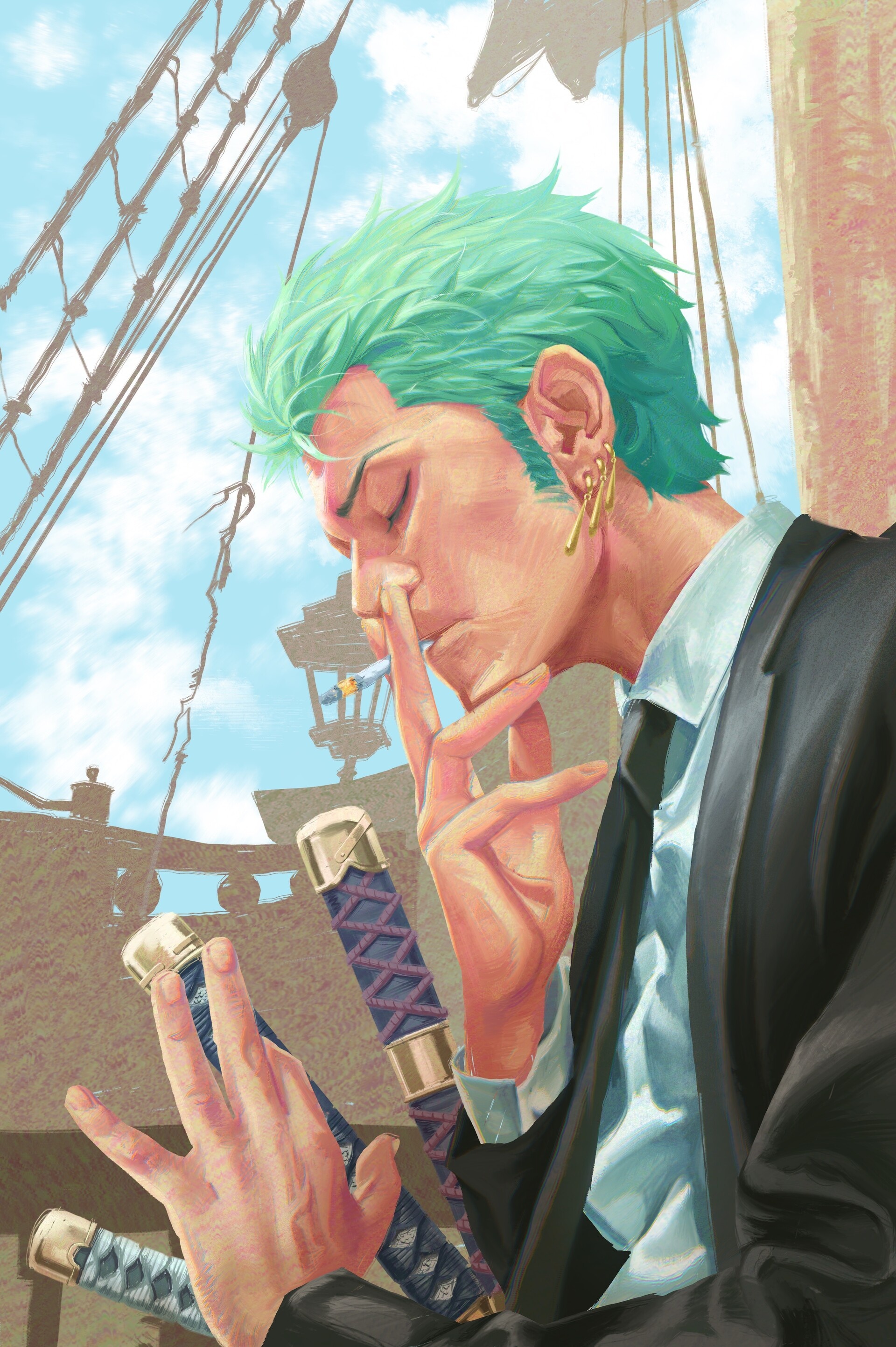 Roronoa Zoro, katana hilts, pirate ship rigging, HD Phone wallpaper