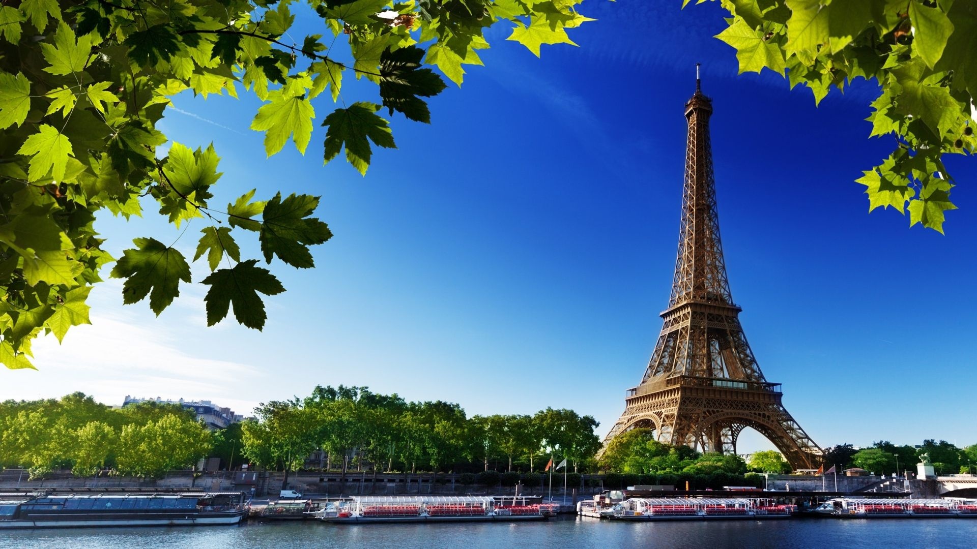 Paris Eiffel Tower, Riverside beauty, Serene beach, Lush trees, 1920x1080 Full HD Desktop