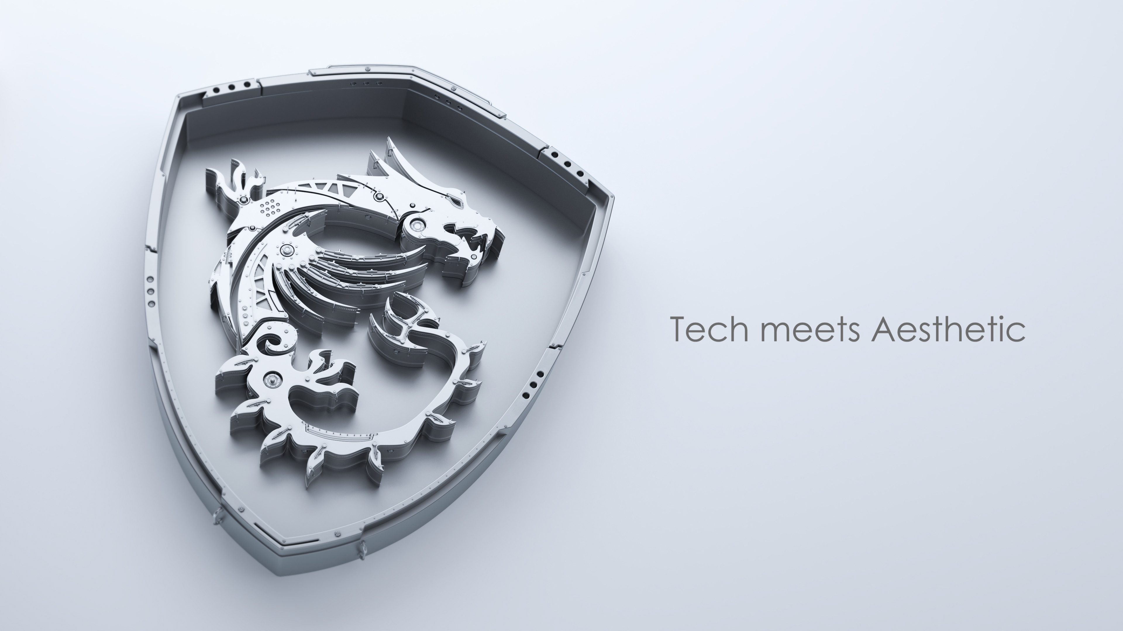 MSI dragon emblem, Tech meets Aesthetic text, metallic mechanical shield, 4K Desktop wallpaper