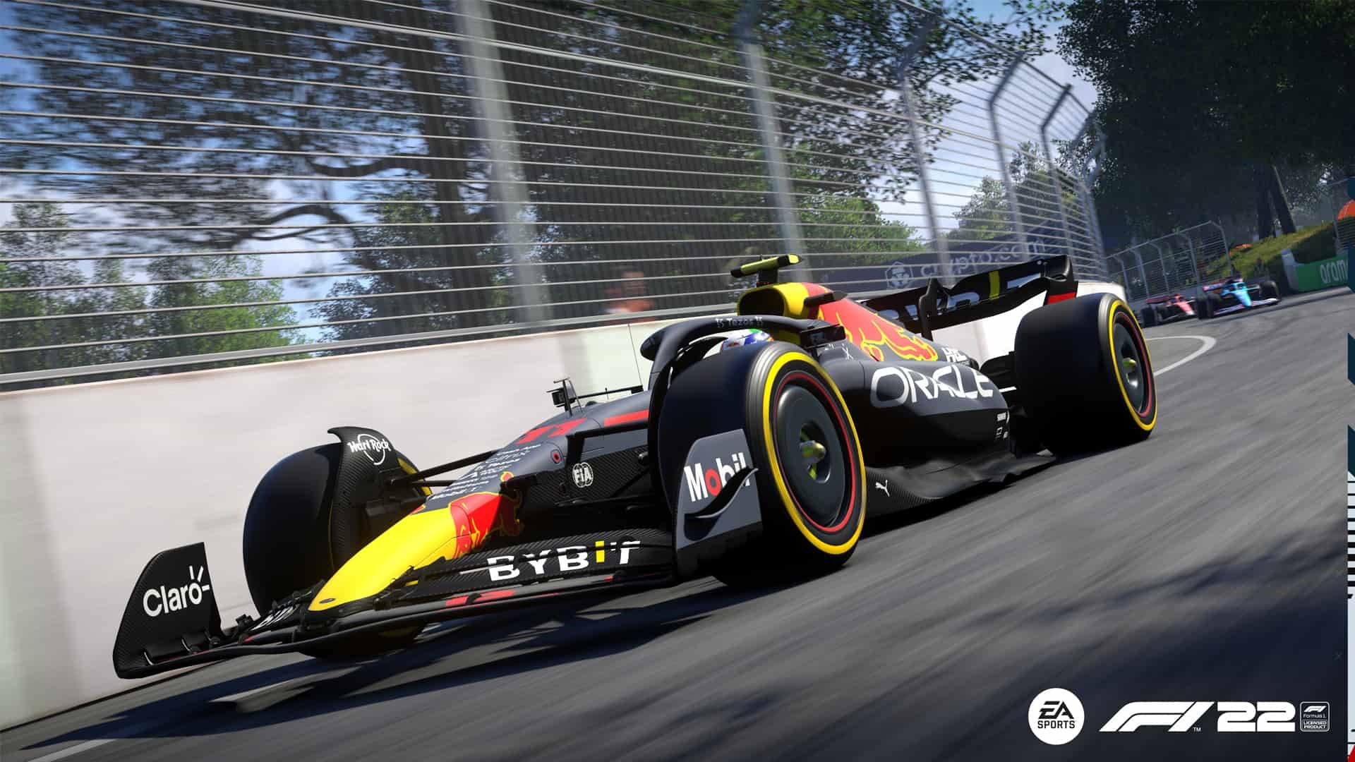 Red Bull RB18 Formula 1 car, EA Sports F1 22 logo, Street circuit safety fence, Full HD Desktop wallpaper